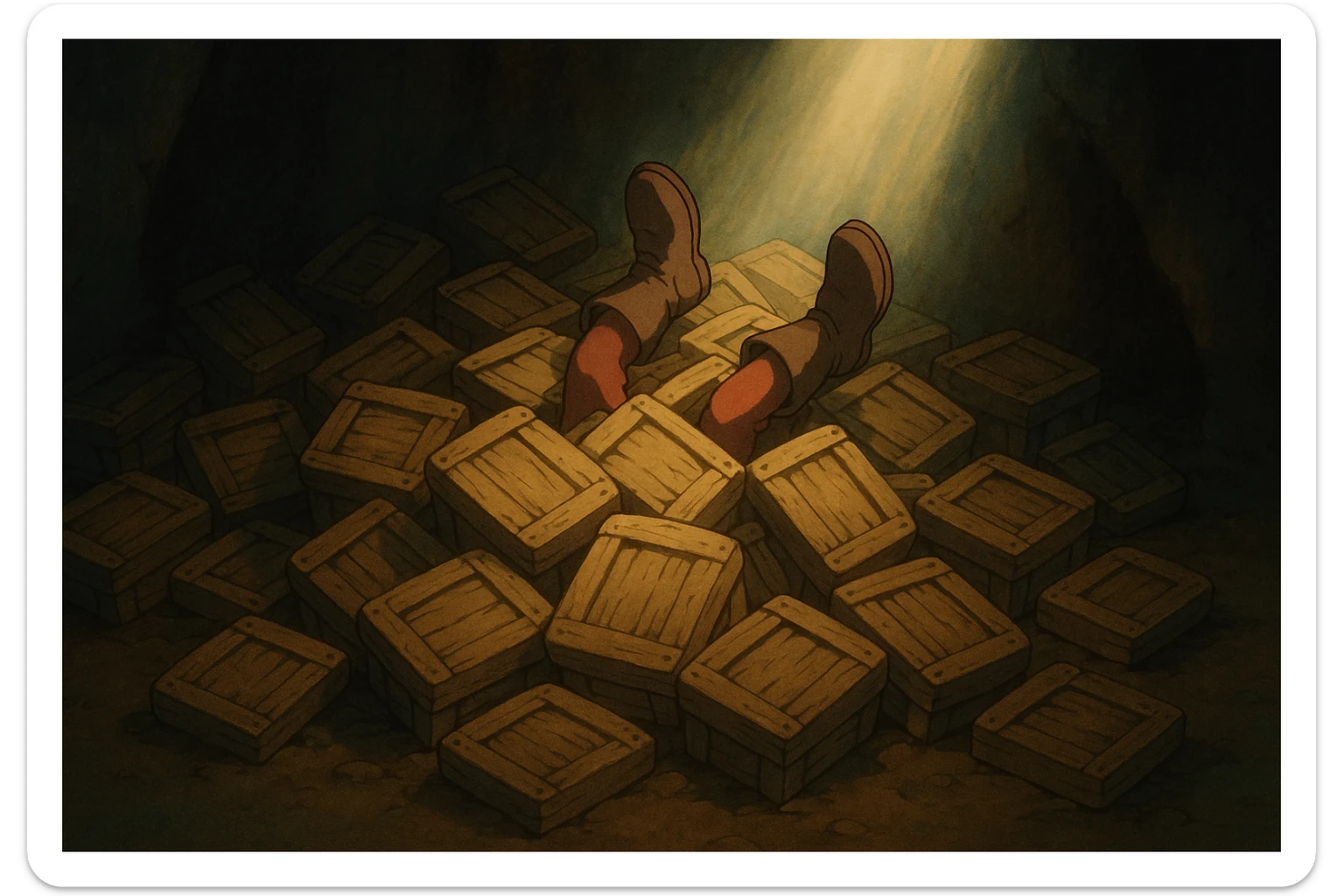 A pile of small oblong crates hidden in a dark area with a beam of light shining from above, with someone’s boots sticking out like they dove in sticker