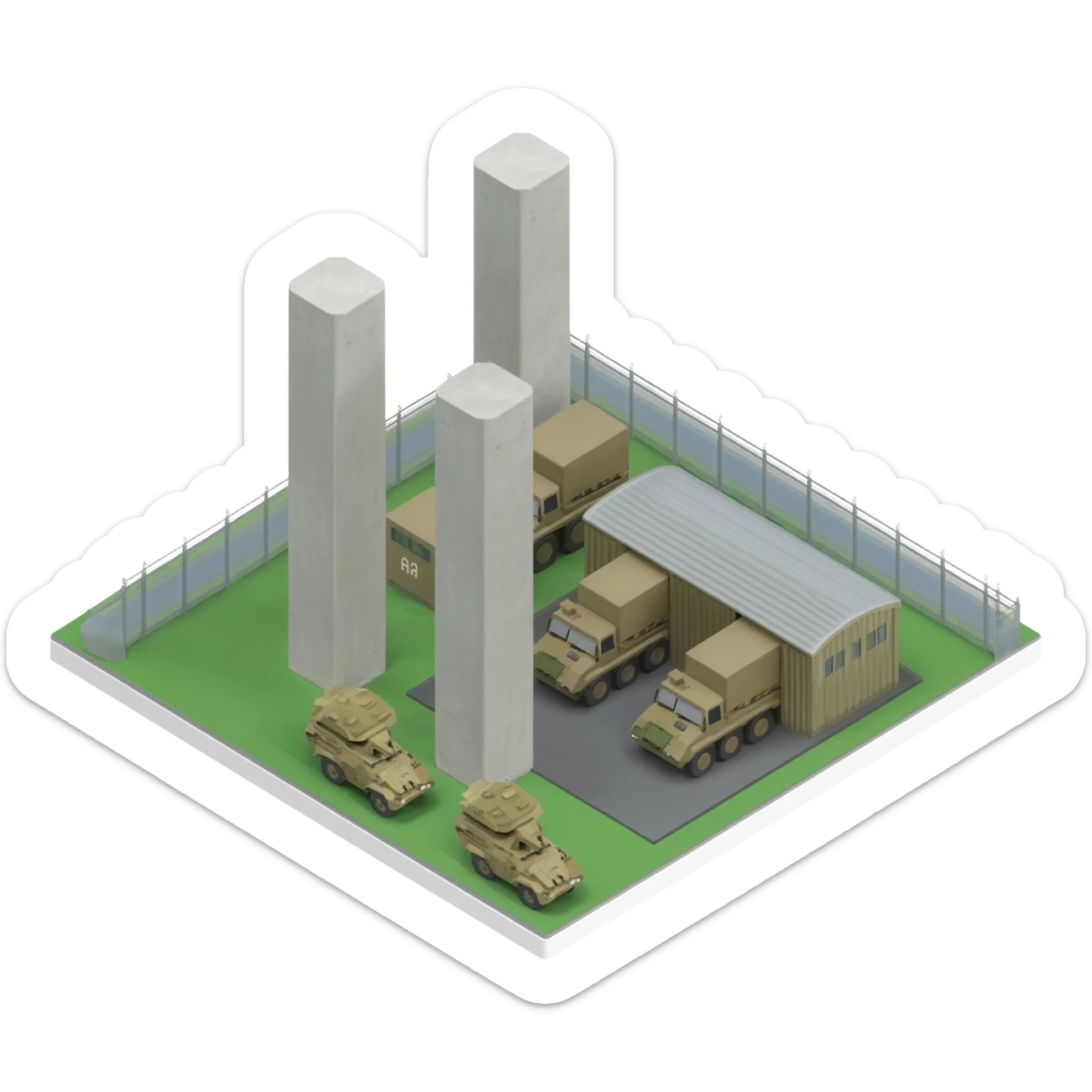 a military industrial building from an overhead view in a foreign country in the style of dark realism sticker