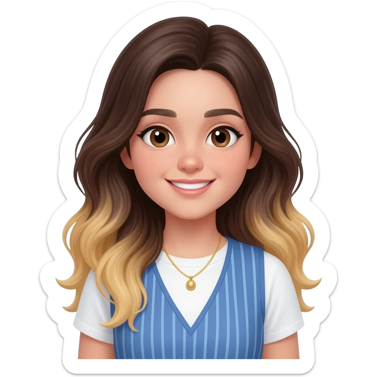 An adult girl with an oval-shaped face and feminine features, long dark brown wavy hair fading to blonde at the ends with light bangs. Thick dark eyebrows, large expressive eyes, and a warm smile. She is wearing a white T-shirt with a blue striped vest and a delicate golden necklace. sticker