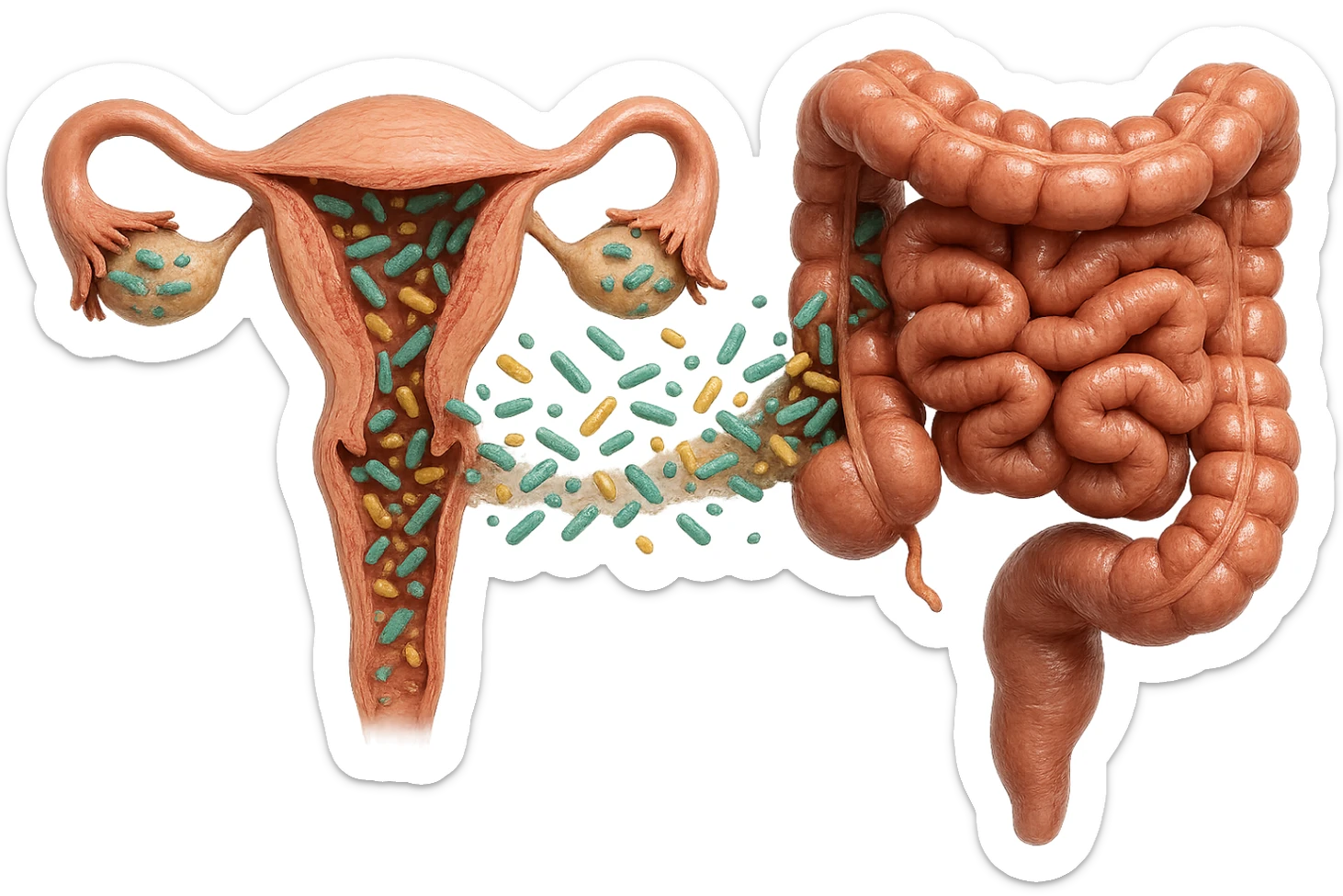 UTERO UMANO E INTESTINO ANATOMICI REALISTICI SONO UNO ACCANTO ALL'ALTRO E SI PASSANO I BATTERI A VICENDA, CON BATTERI CHE ESCONO DALL'INTERNO, IPERREALISTICO 4K, NON DISEGNATO sticker