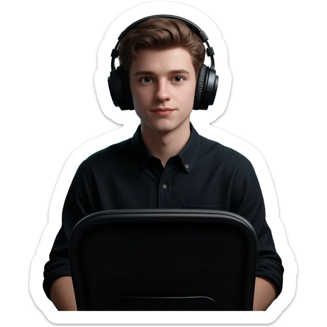 Professional portrait of a young male video editor, confident expression, wearing headphones, sitting at a modern editing workstation with monitors showing video timelines, dark minimal background, cinematic lighting, clean and professional look, high detail, 4k. sticker