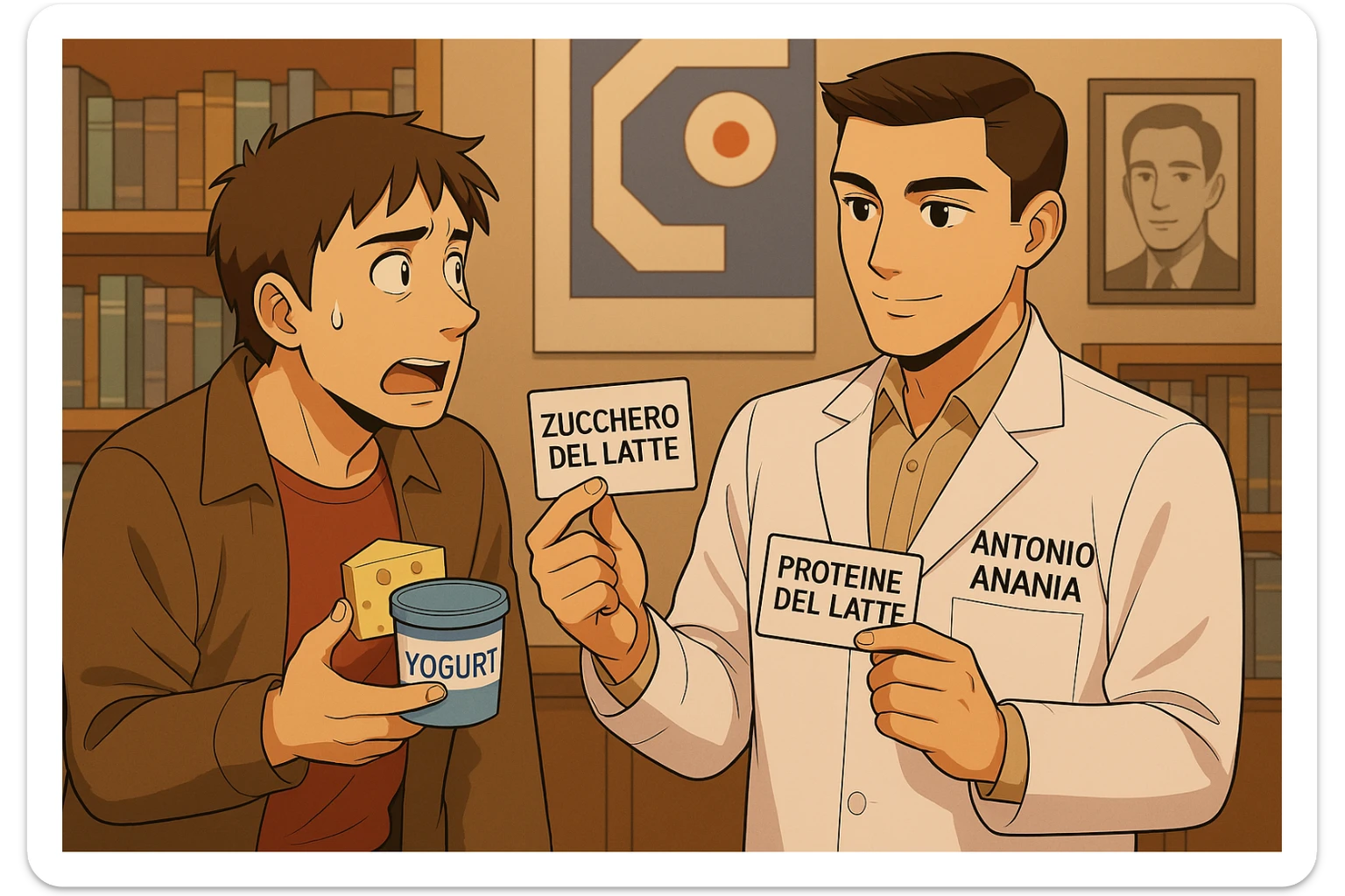 fai un webtoon manga a colori con questo stile, in cui un uomo fa una domanda al kinesiologo con il camice bianco (fagli anche la scritta "ANTONIO ANANIA" SUL CAMICE, l'uomo chiede una cosa mostrando un formaggio e uno yogurt al kinesiologo con il camice, IL KINESIOLOGO annuisce e SPIEGA ALL'UOMO UNA cos. L'UOMO ha un ESPRESSIONE CONFUSA IN VOLTO. non fare i fumetti però, fai solo in modo che sembri stiano parlando sticker