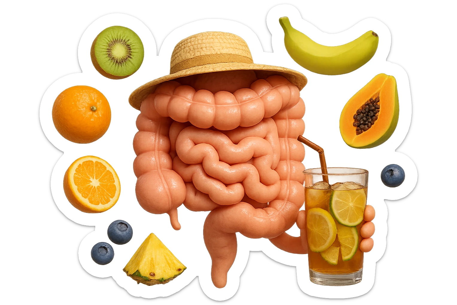 EMOJI STILE IPHONE DI INTESTINO UMANO REALISTICO CON CAPPELLO DI PAGLIA DA SPIAGGIA CHE BEVE UN Tè FREDDO IN BICCHIERE DI VETRO CON DENTRO  fette di cetriolo, limone, lime, DIETRO L'INTESTINO FLUTTUANO PEZZETTI DI Kiwi
Banana acerba
Arance e mandarini
Mirtilli
Ananas
Papaya
IPERREALISTICO 4K sticker