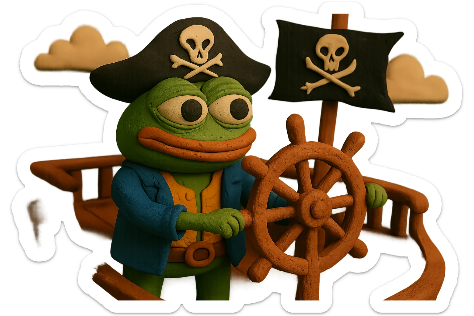 Add the exact skull and crossbones symbol to the pirate flag and the pirate hat in the claymation style image of Pirate Pepe the Frog at the helm of a pirate ship with waves and sky in the background. sticker