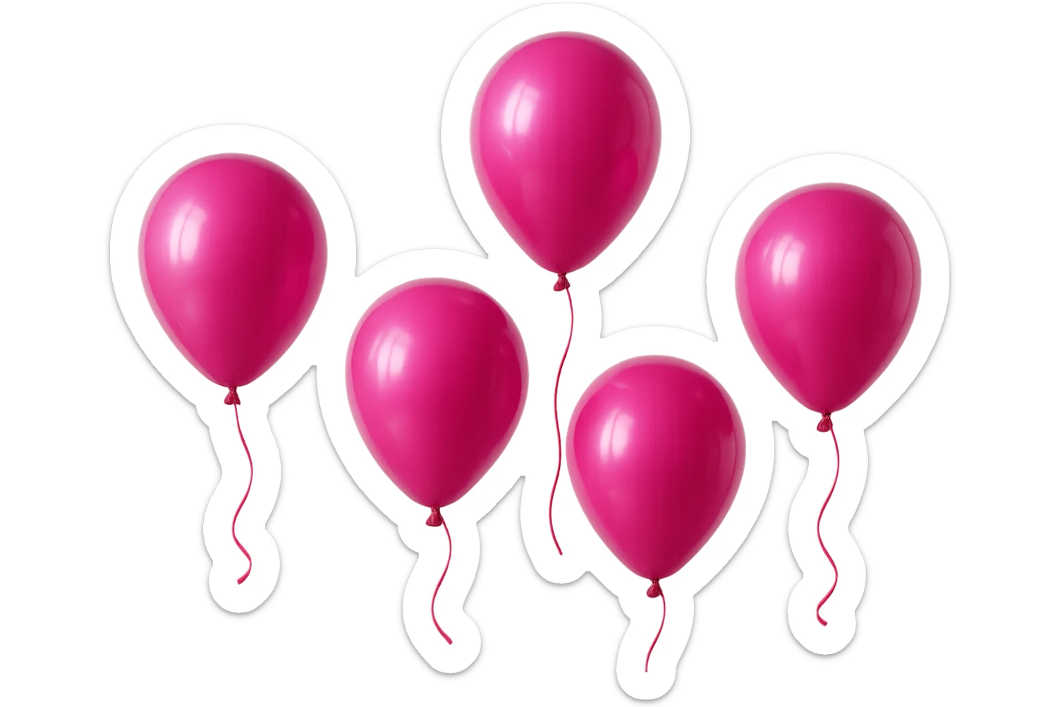 5 palloncini magenta fluttuano in aria isolati su sfondo bianco, iperrealistico 4k sticker