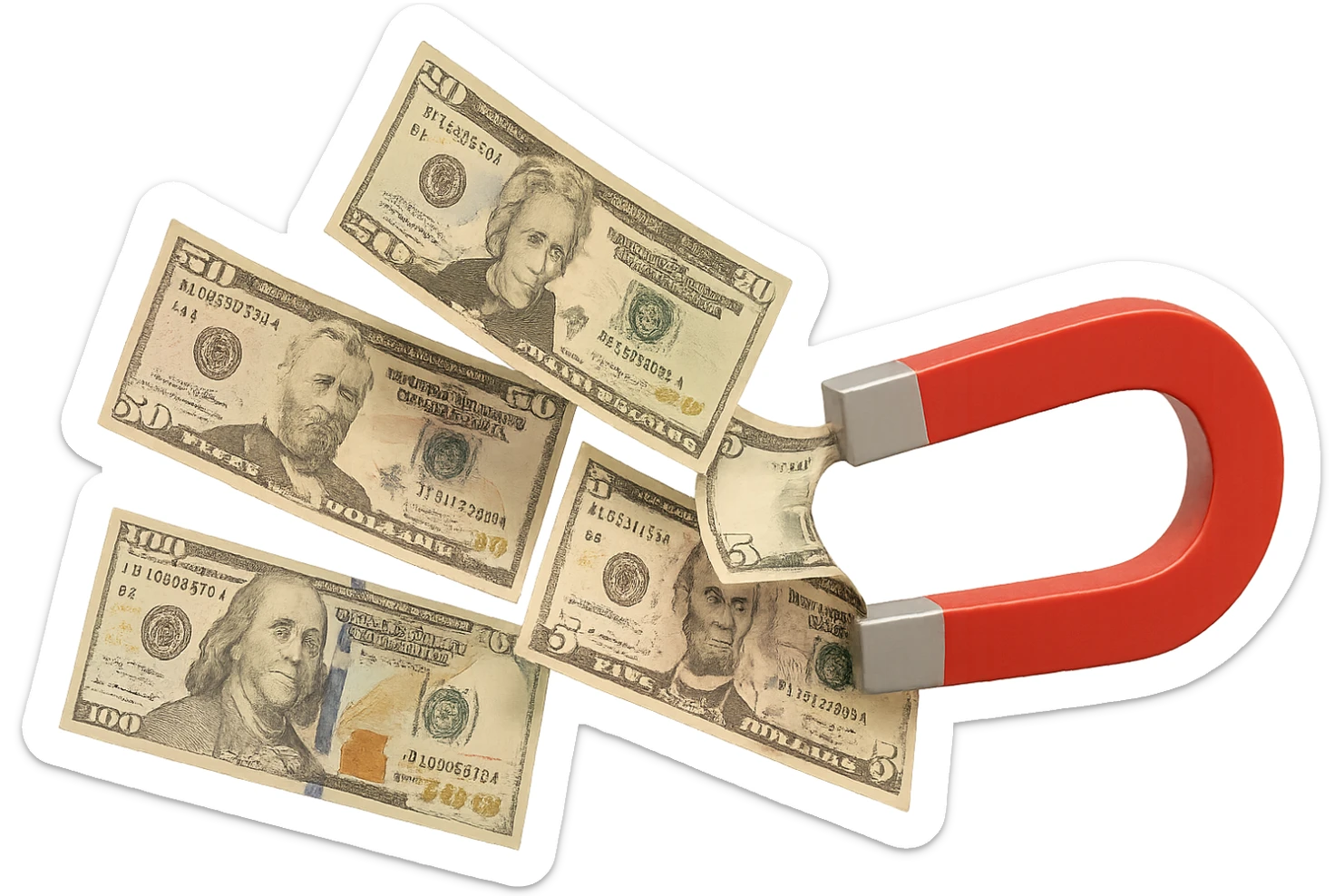 cinque banconote fluttuano in aria attratte da una calamita rossa, iperrealistica 4k, isolato su sfondo bianco sticker
