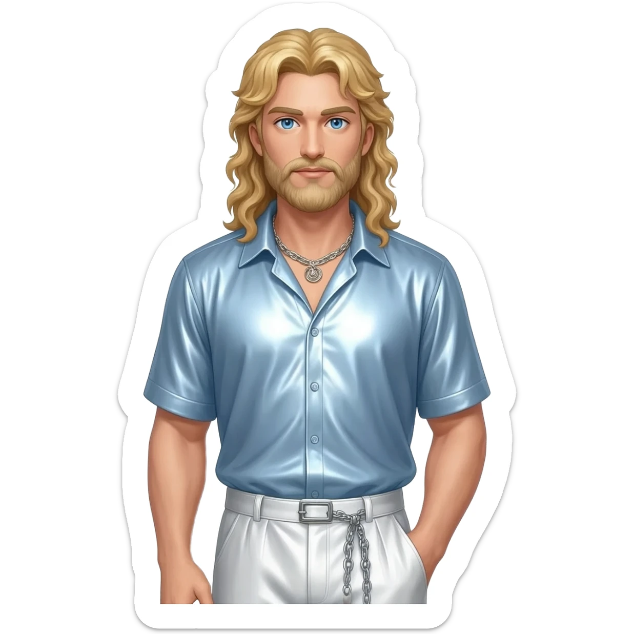 Zeus from Greek Mythology with blue eyes, long blonde hair, light steel blue metallic shirt, white metallic baggy pants, silver necklace sticker