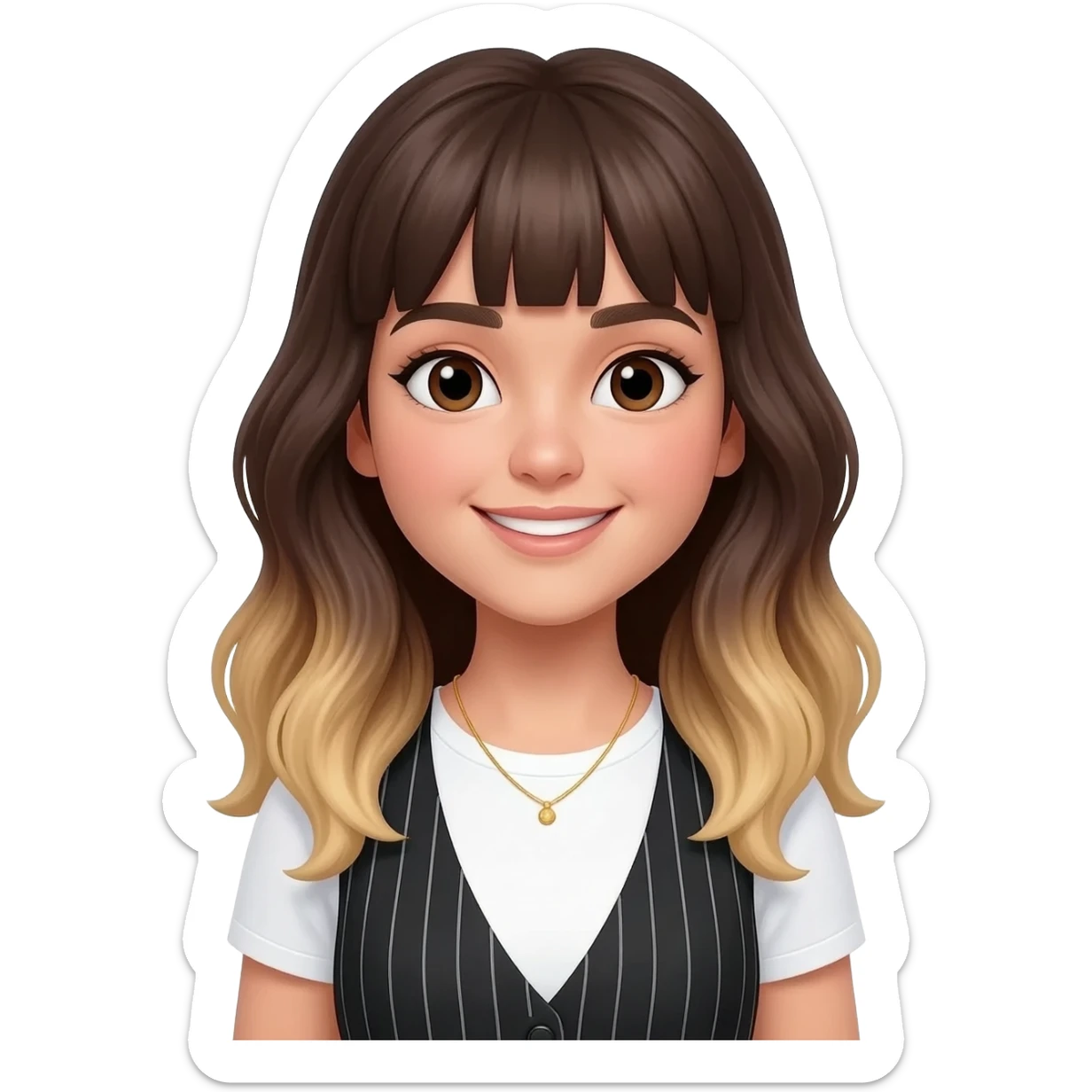 An adult girl with an oval-shaped face and feminine features, long dark brown wavy hair fading to blonde at the ends with light bangs. Thick dark eyebrows, large expressive eyes, and a warm smile. She is wearing a white T-shirt with a black striped vest and a delicate golden necklace. sticker