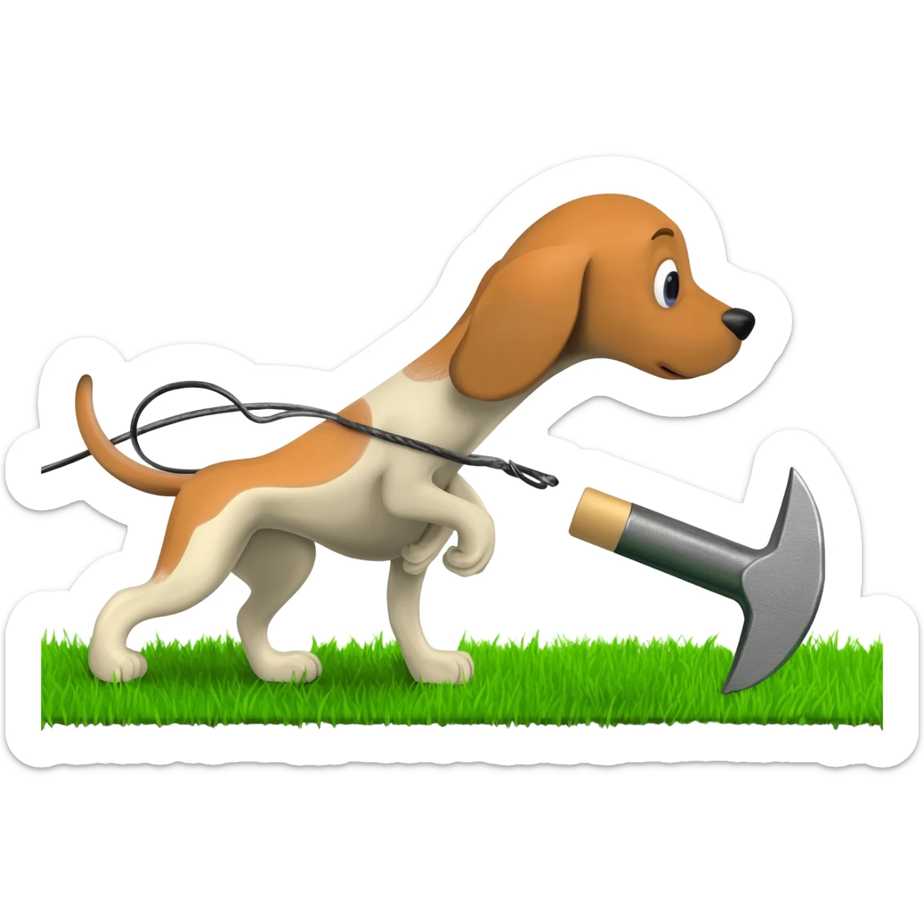Have only green grass under Pack hound standing on green grass pulling an anvil with  an electric shaver under anvil  show the green grass behind the anvil lower cut grass path behind anvil.showing a shaven  path along green grass by leads or chains. Show the shaver cutting the grass sticker