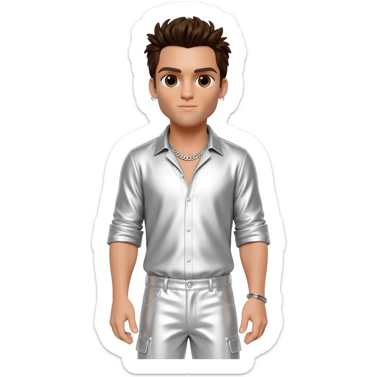 AJ McLean from Backstreet Boys with brown eyes, dark brown hair, white metallic shirt, white metallic baggy pants, silver necklace sticker