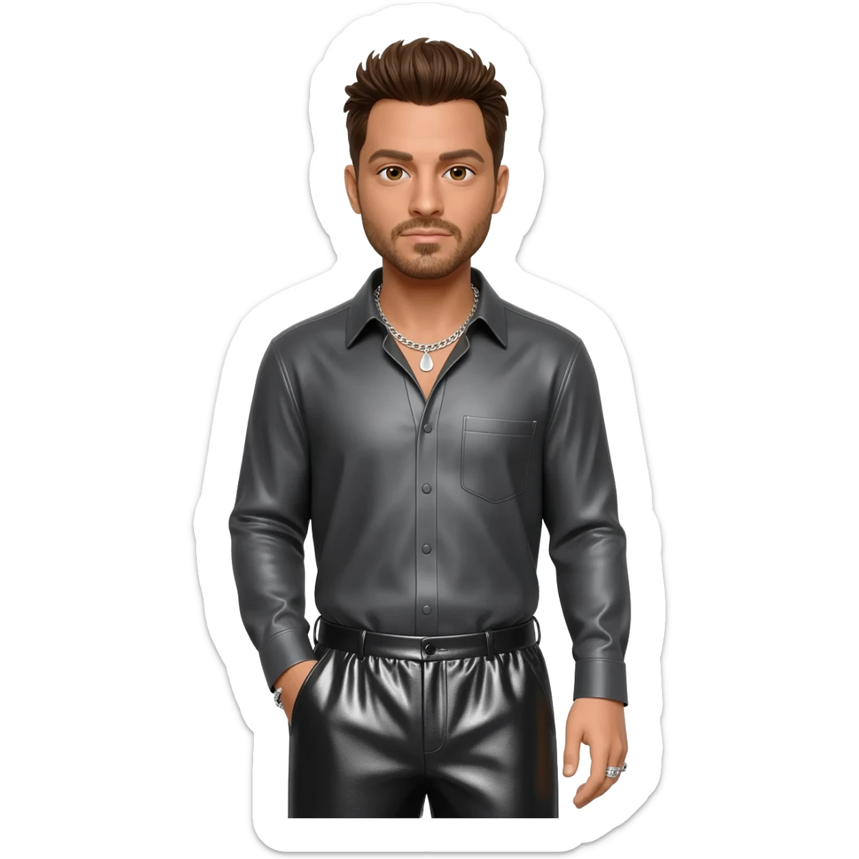 Ricky Martin with brown hair, dark gray metallic long sleeve shirt, black metallic baggy pants, silver necklace sticker