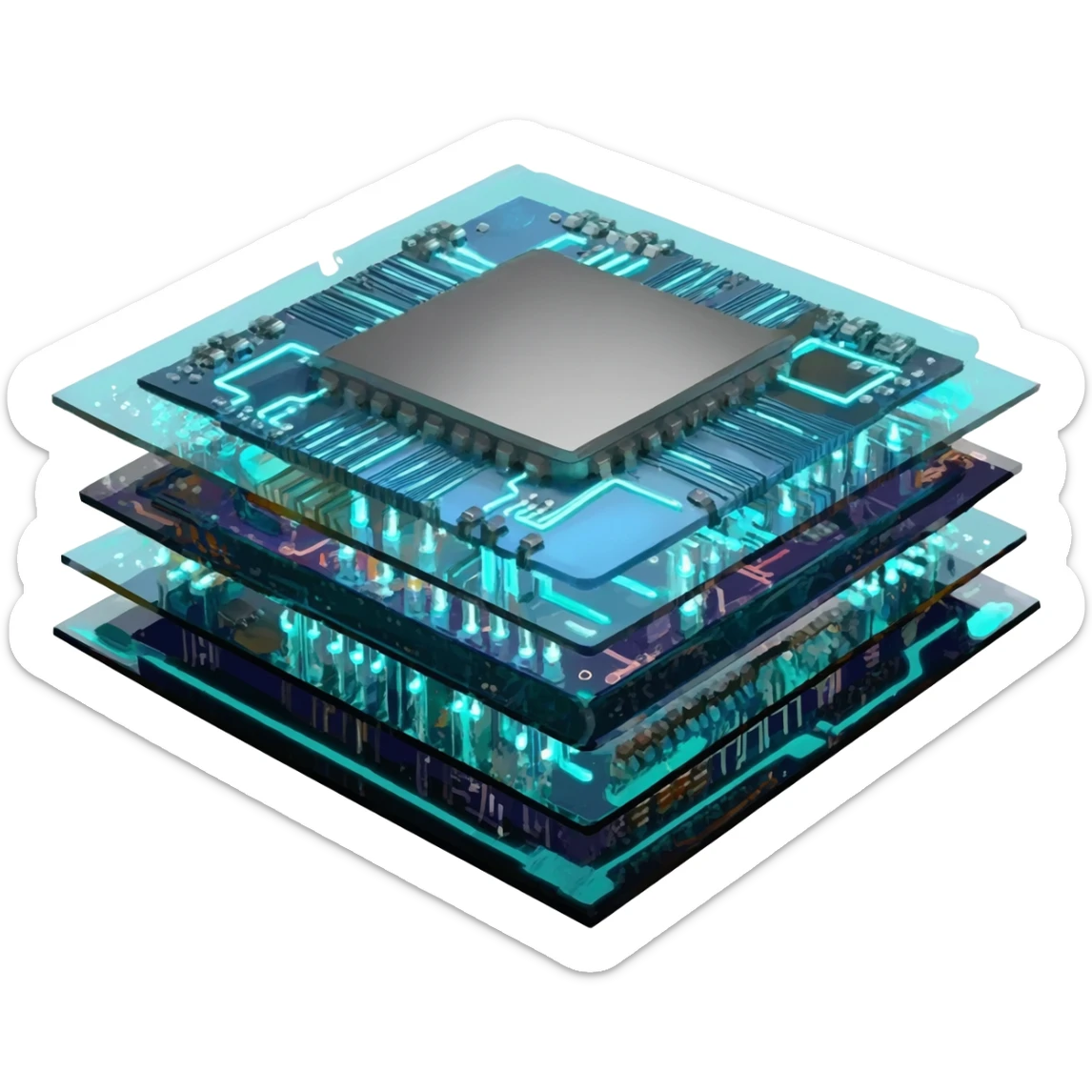 A top down view of an advanced detailed microchip with, in a cyber punk futuristic style far beyond what is currently available today, from the year 3000, the camera needs to be directly above the micro chip looking down sticker