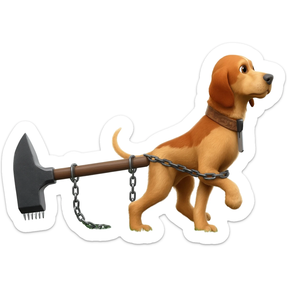 Pack hound pulling an anvil with a electric shaver trimming a path along green grass by leads or chains sticker