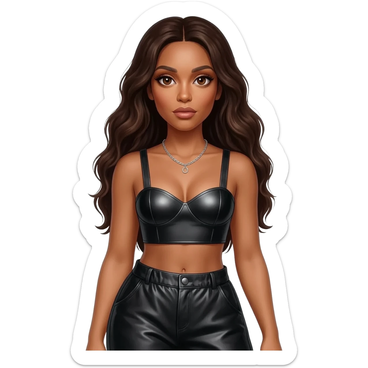 Aaliyah with brown eyes, long dark brown hair, black metallic sweetheart crop top, black metallic baggy pants, silver necklace sticker