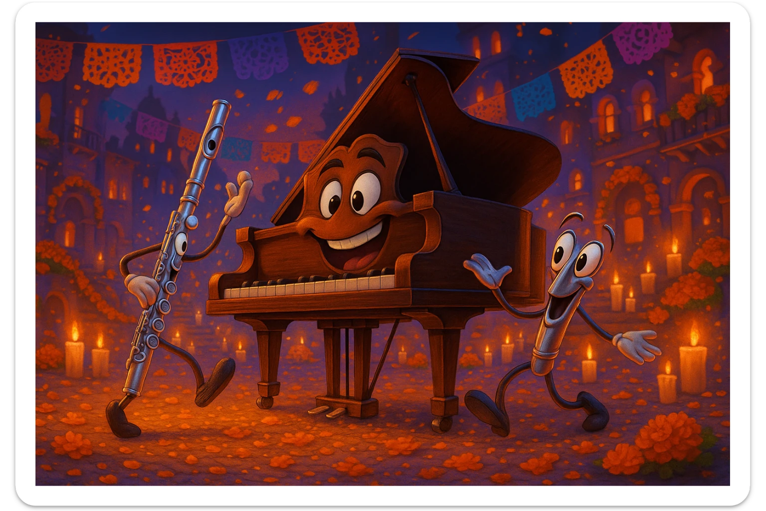 (Style film coco de pixar ) un piano au royaume des mort danse avec une flûte  sticker