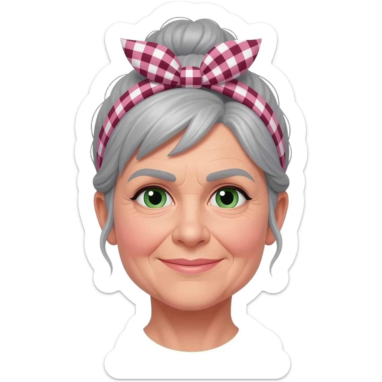 MUJER MEDIANA EDAD, PELO GRIS, MOÑO INFORMAL DESPEINADO, GAOJOS VERDES Y CON BABI DE MAESTRA CUADROS ROSAS/GRANATE/BLANCOS sticker