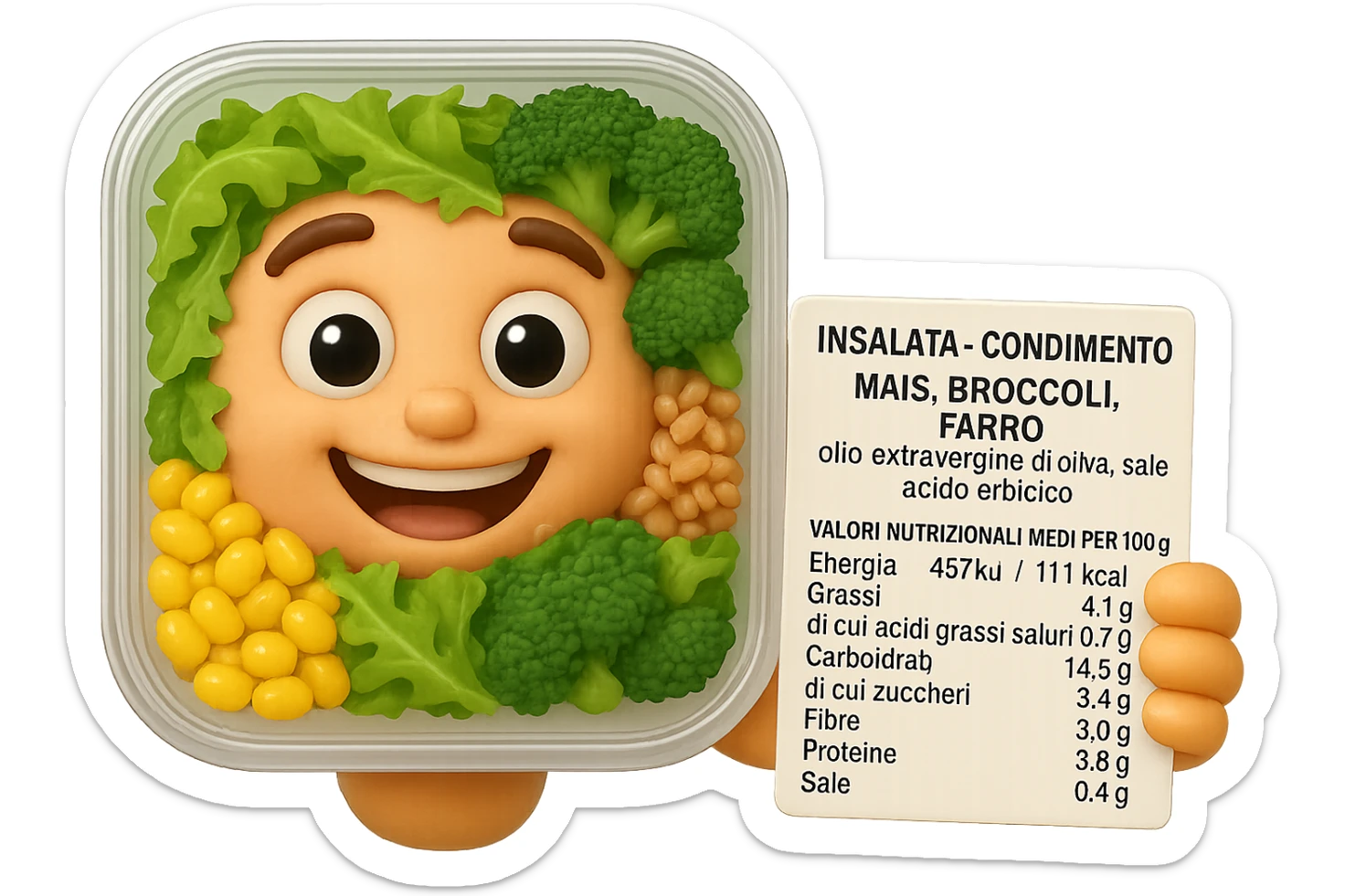 SU QUESTO STILE FAI UN EMOJI STILE IPHONE 3D DI UN INSALATA PRECONFEZIONATA DA SUPERMERCATO CON FOCUS SU ETICHETTA NUTRIZIONALE CON GLI INGREDIENTI IN ITALIANO TIPO: MAIS, BROCCOLI, FARRO, ACCANTO ALL'INSALATA CHE HA IN MANO C'è UN FOCUS SULL'ETICHETTA CON GLI INGREDIENTI SCRITTI, FALLO MOLTO REALISTICO IN 3D sticker