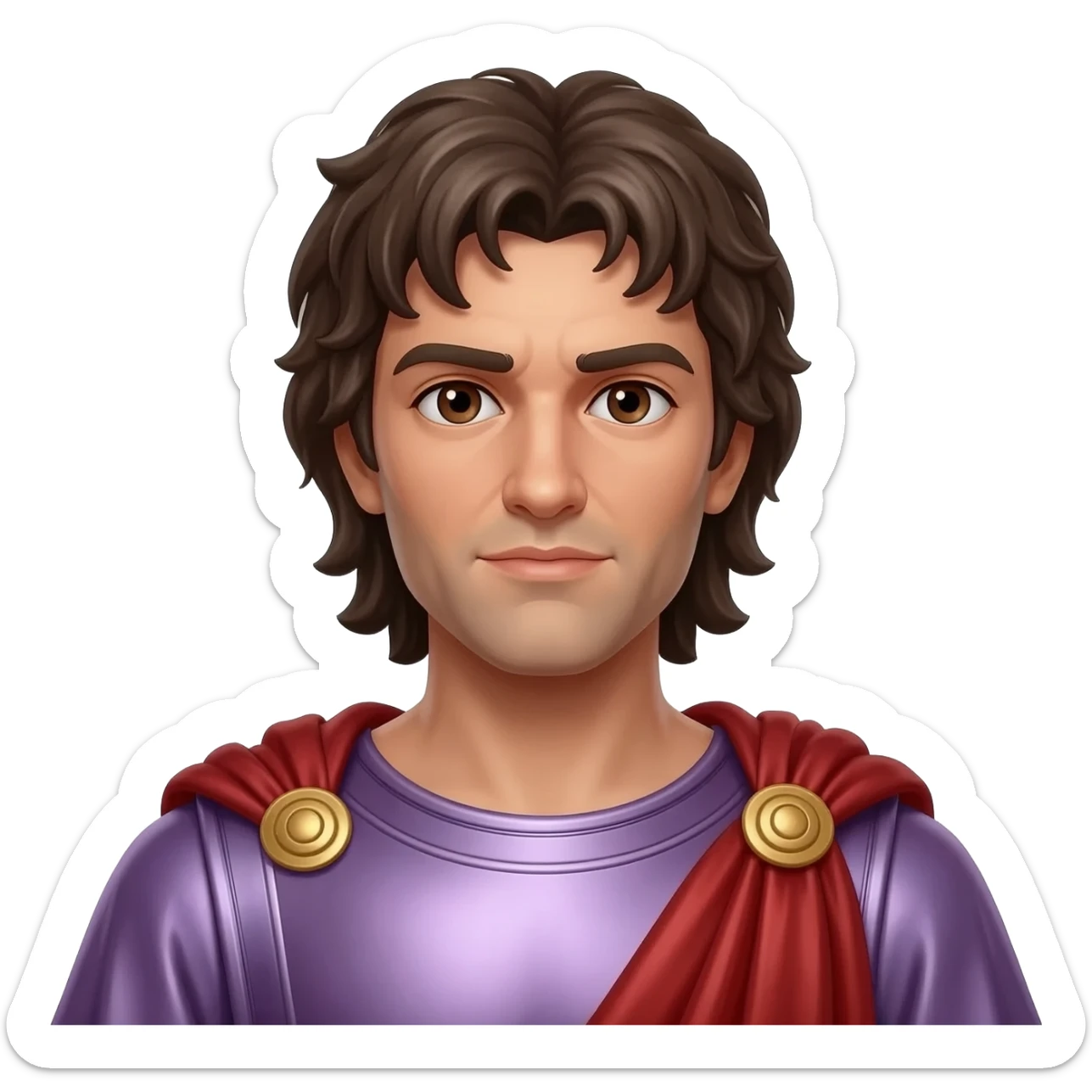 Hephaestion of Macedon from Rome Mythology with dark brown eyes, long dark brown hair, pale purple metallic tunic, red metallic cloak sticker