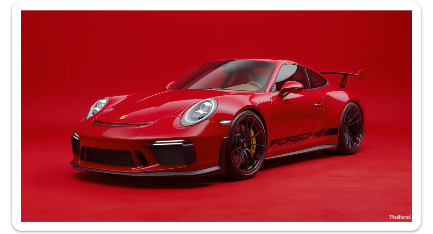 Medium shot of a porsche 911 made of russian capret, red solid studio background, low keu light, top soft light, dutch angle,  captured by arri alexa sticker