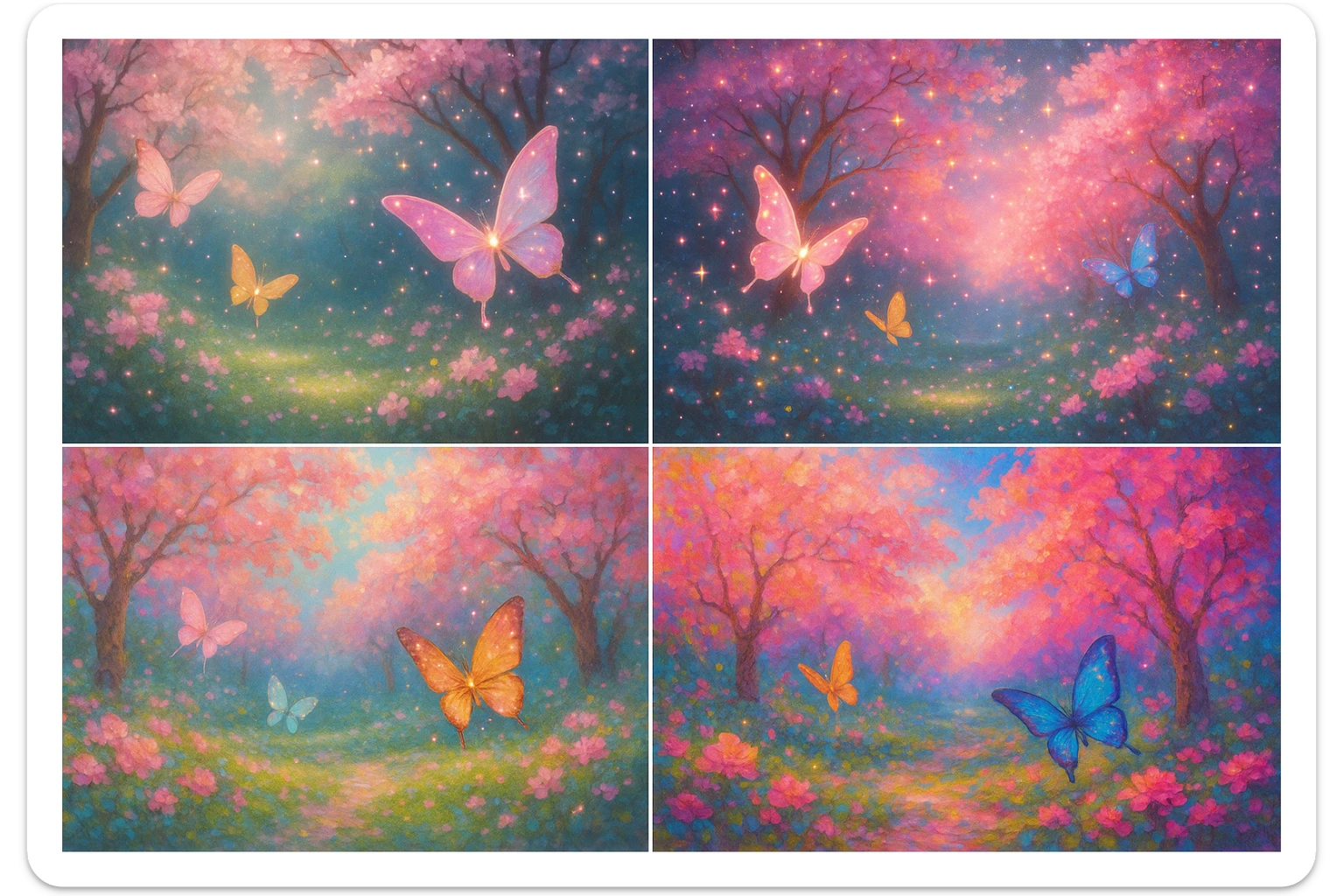 a magical pink paradise garden with cherry blossoms, butterflies, and gentle light, in four distinct visual interpretations sticker