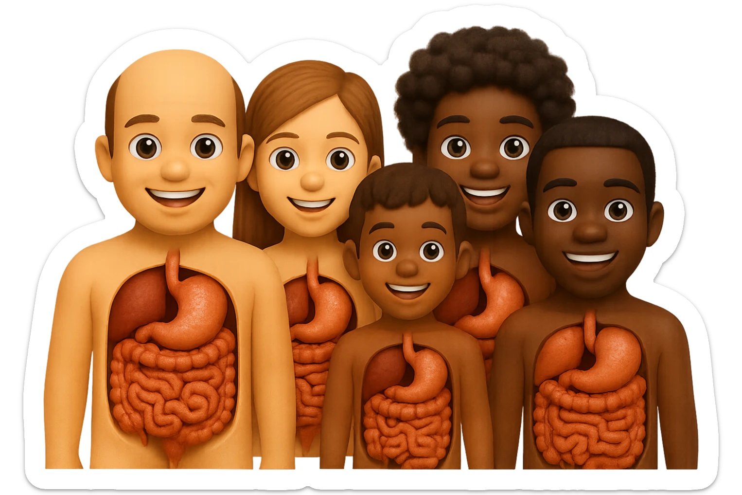 emoji stile iphone di un popolazione di persone con intestino, iperrealistico 4k, isolato su sfondo bianco sticker