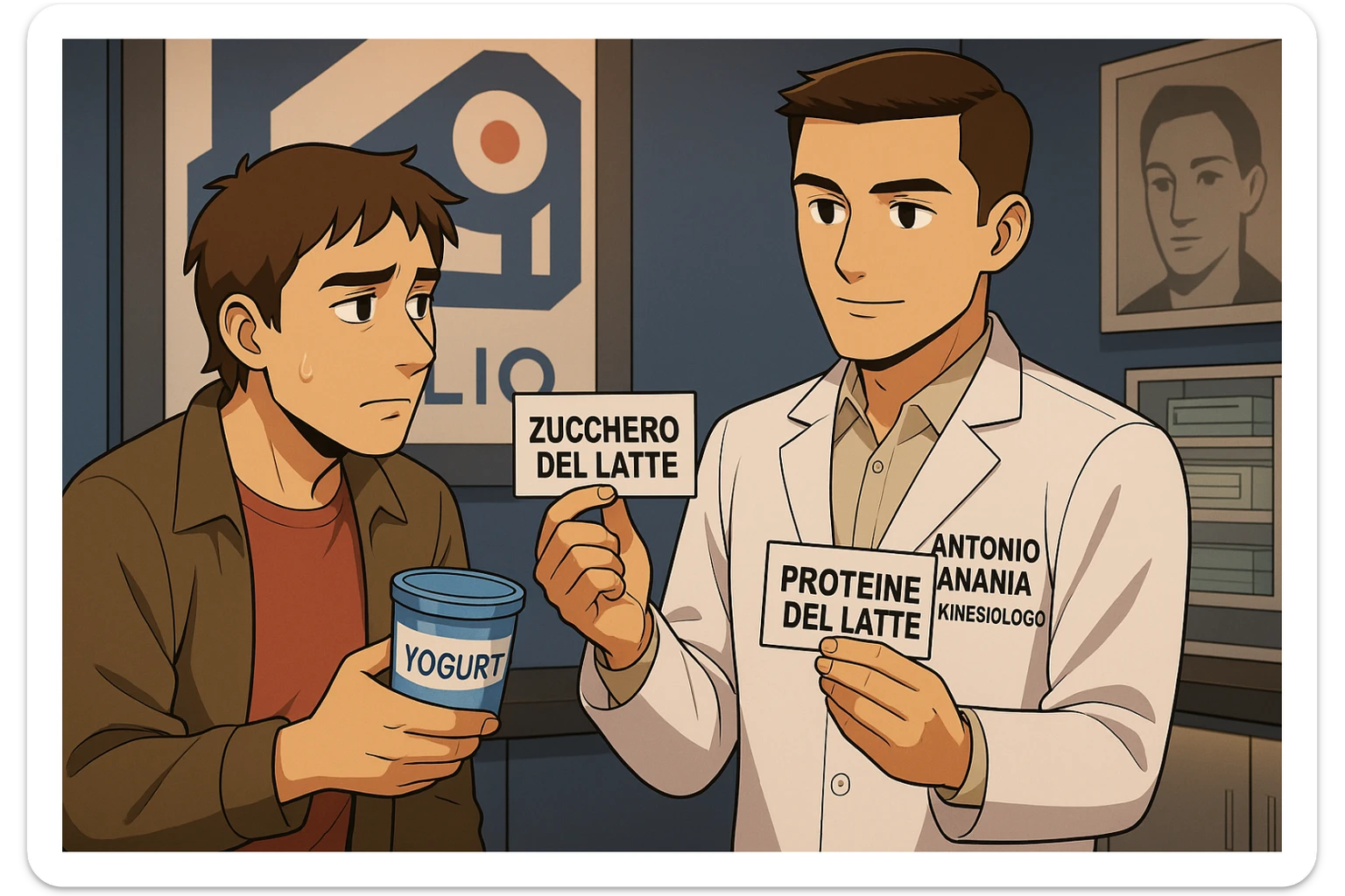 fai un webtoon manga a colori con questo stile, in cui un uomo ASCOLTA Il kinesiologo con il camice bianco (fagli anche la scritta "ANTONIO ANANIA" SUL CAMICE, IL KINESIOLOGO SPIEGA ALL'UOMO UNA COSA TENENDO DUE FOGLIETTINI IN MANO, UNO CON LA SCRITTA "ZUCCHERO DEL LATTE" E UNA CON LA SCRITTA "PROTEINE DEL LATTE". L'UOMO OSSERVA LO YOGURT CHE HA IN MANO CON ESPRESSIONE DUBBIOSA IN VOLTO. non fare i fumetti però, fai solo in modo che sembri stiano parlando sticker