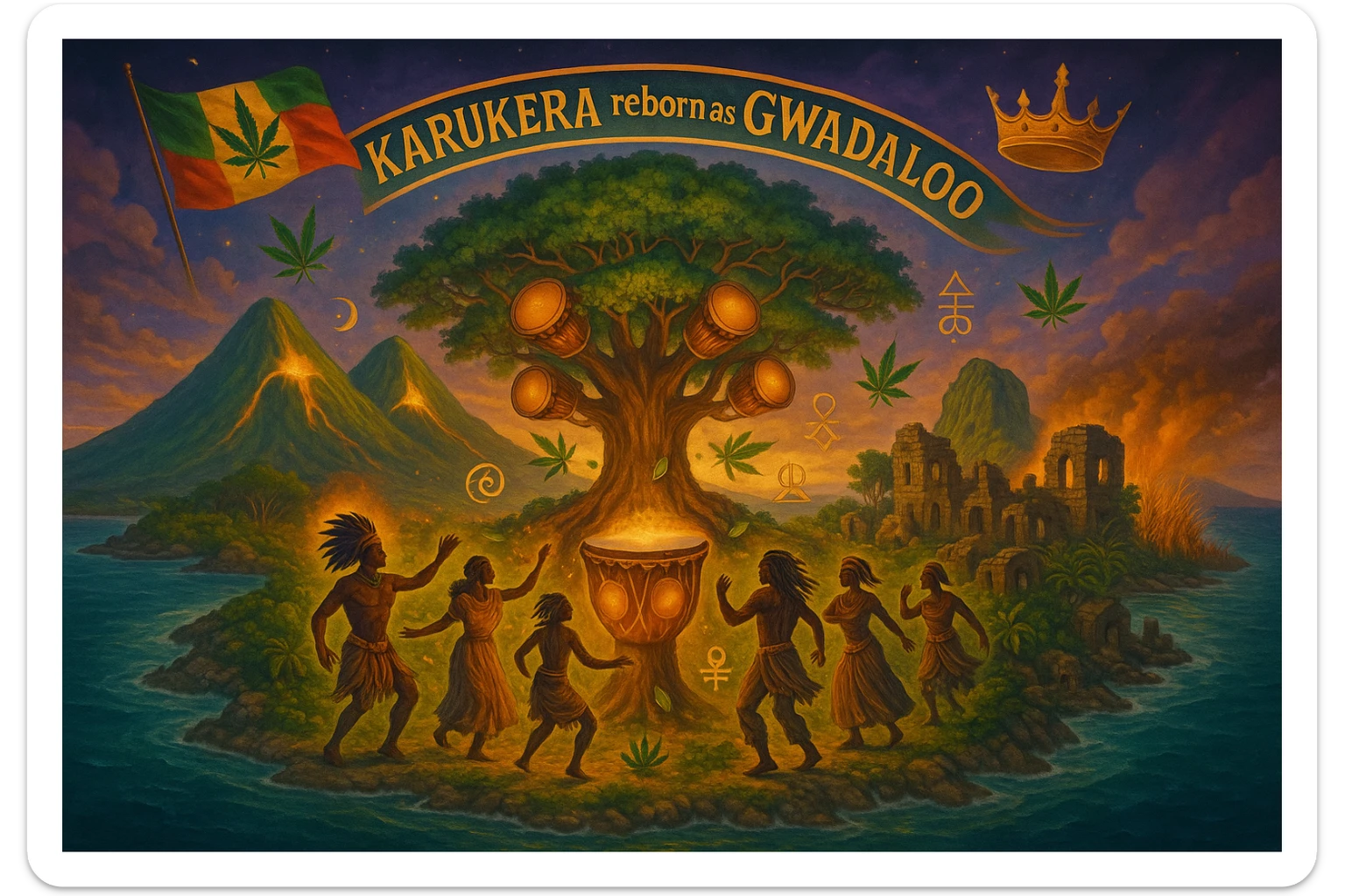 Create a powerful, surreal vision of the Caribbean island Guadeloupe, reimagined as ‘Guadeloupe' — its sacred, sovereign identity restored. The island is lush, tropical, and volcanic, with two green volcanoes glowing golden at the peaks. In the center stands a giant mystical Drum Tree, its branches bearing carved drums instead of fruit, glowing with rhythmic light. Ancestral spirits of African and indigenous lineage dance in a circle around the tree, surrounded by floating ganja leaves and sacred symbols. Sugarcane fields burn gently in the background, symbolizing the end of colonial suffering. Ruins of colonial buildings crumble into the earth, reclaimed by vines and jungle. Above the island, a glowing banner in the sky reads: ‘Karukera reborn as Gwadaloo.’ A ganja-leaf flag waves high in red, green, and gold, and a golden Creole crown floats in the sky above the island — not worn by any man, but held in rhythm. The ocean is turquoise, the light is divine, and the entire scene radiates spiritual victory, cultural remembrance, and cosmic rhythm. Use a warm, cinematic palette of golds, greens, blues, and purples. Style should feel epic, sacred, and symbolic — a rebirth of Caribbean power. sticker
