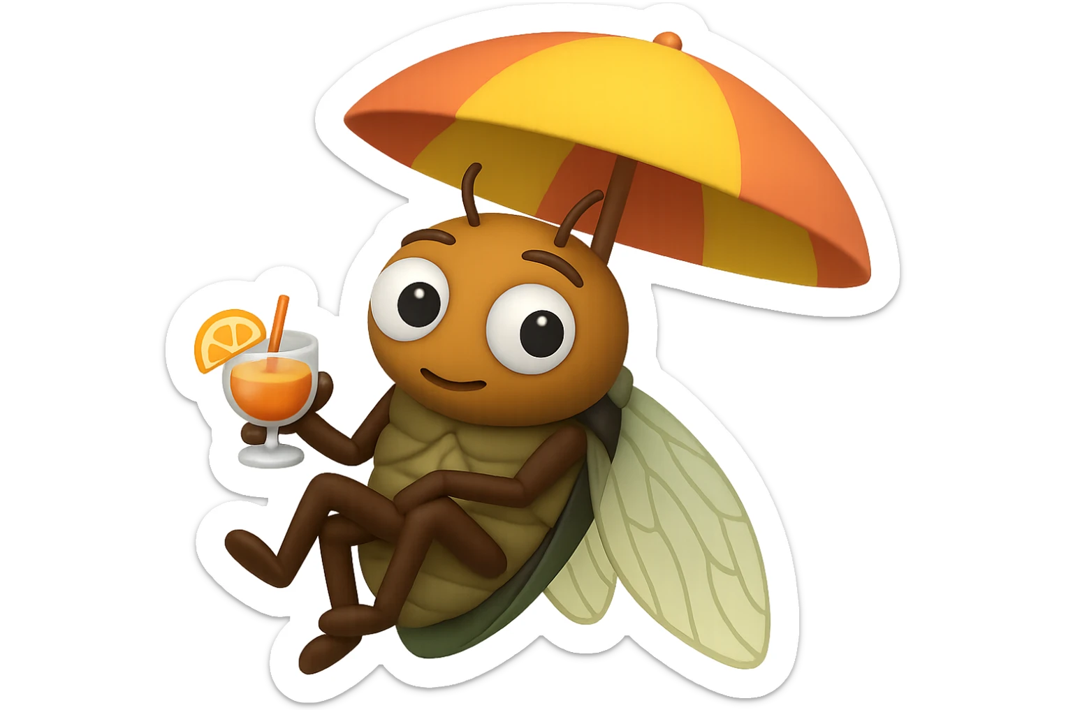 EMOJI STILE IPHONE 3D DI UNA CICALA CHE STA RILASSATA SEDUTA SOTTO L'OMBRELLONE IN SPIAGGIA CON UN COCKTAIL IN MANO, FAGLI GLI OCCHI CON LA PARTE BIANCA, NON SOLO LA PUPILLA sticker