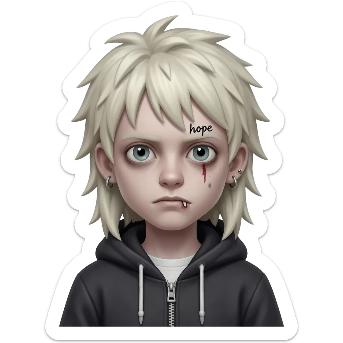 Create for me a boy wearing a zip-up hoodie showing his shirt underneath, with long, spiky platinum blonde hair, piercings in one ear and one nose, and the word "hope" tattooed on his eyebrow; he's a zombie. sticker