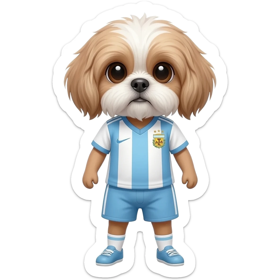 white and light brown shih zhu wearing a Argentina Light blue and whitesoccer jersey v neck 2026 work cup sticker