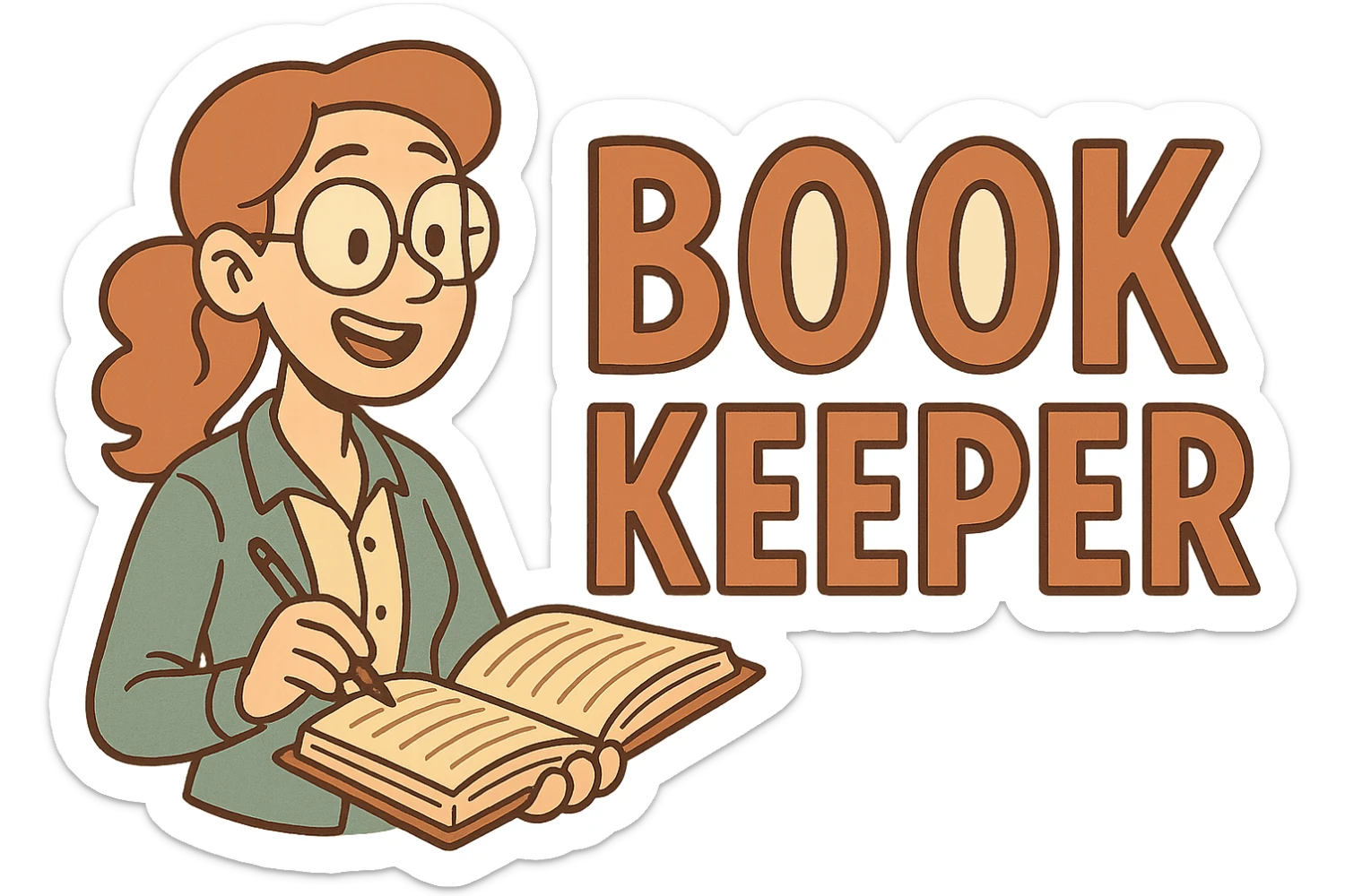 the word BOOKKEEPER in a clear and creative western adult animation cartoon style, suitable for a logo or icon sticker