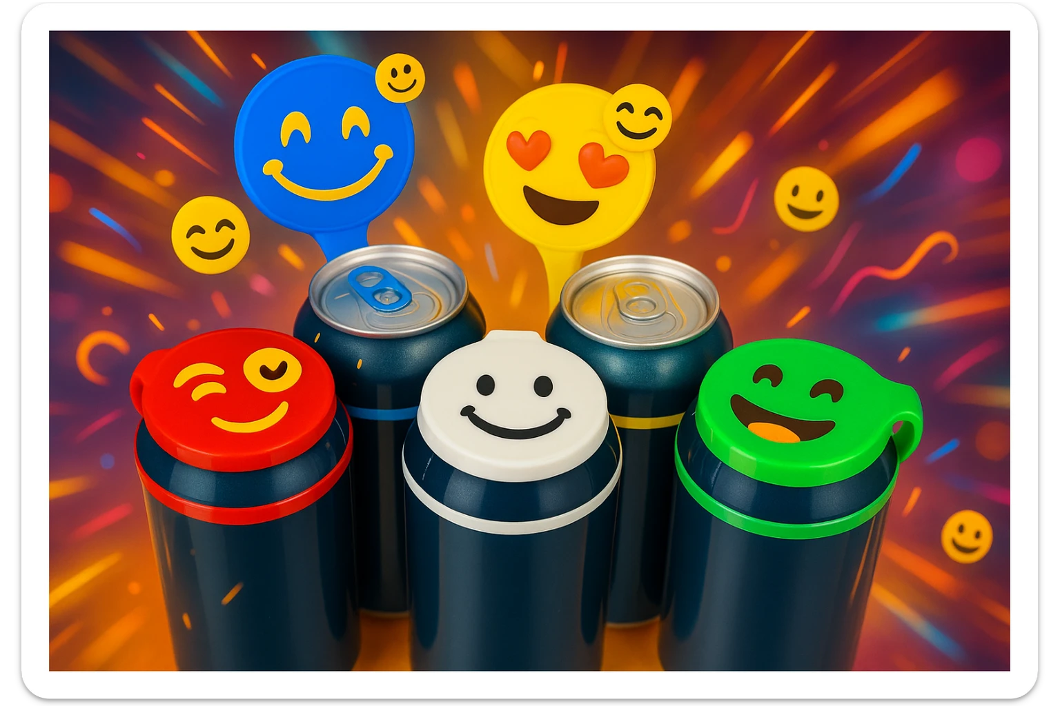 Rakj a kupakokra emoji-kat, smiley-kat, megváltoztathatod a háttereket. valósághű legyen a kép, 1000x600px méretű legyen. fiatal, dinamikusfotókat készíts! csak a kupak külső részére rakj mintát! sticker