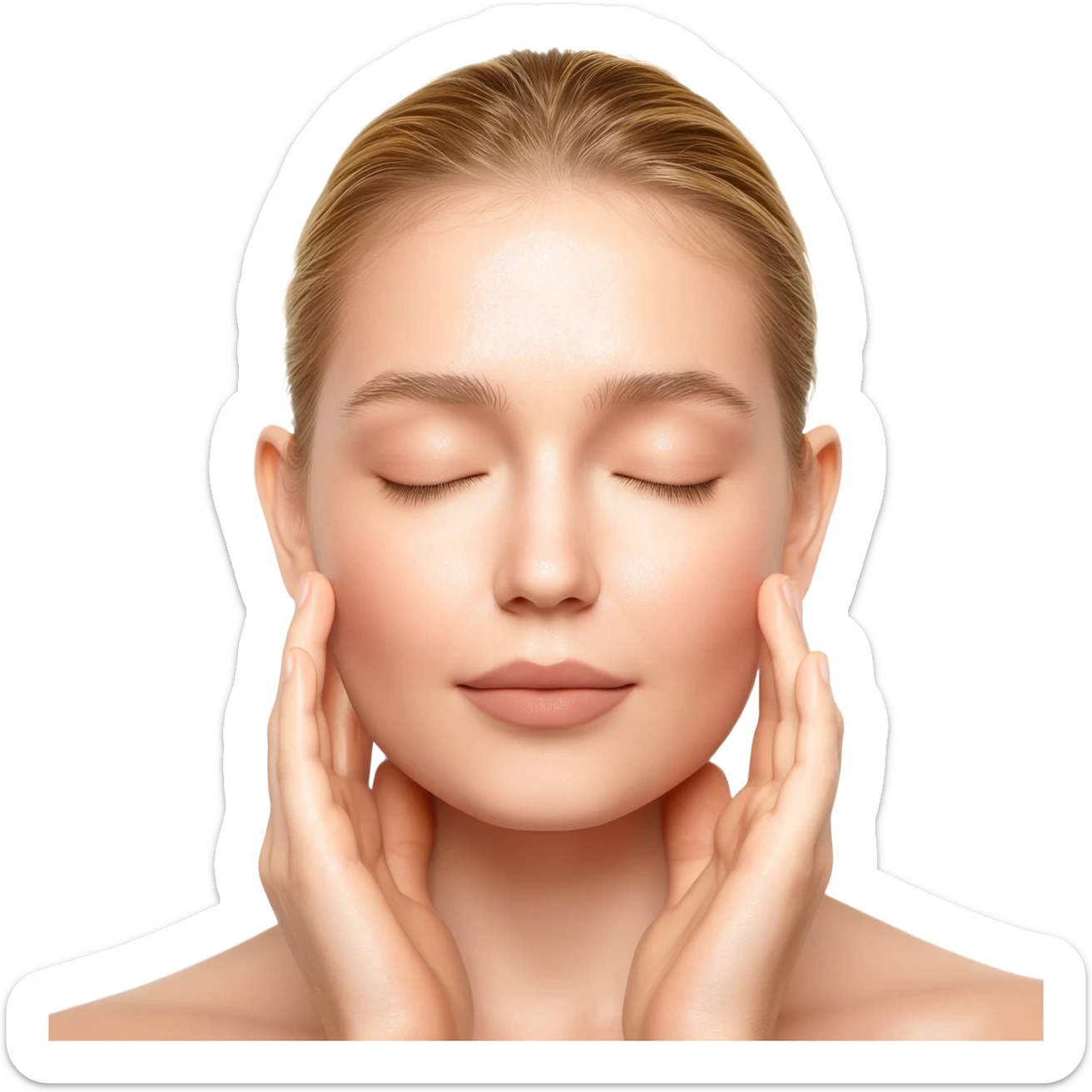Close-up beauty portrait of a young white blonde woman with dewy, glowing skin, eyes closed, gently touching her cheeks with both hands. Her skin looks hydrated and luminous with a natural glossy finish. Soft neutral makeup, groomed brows, nude lips. Hair pulled back neatly. sticker