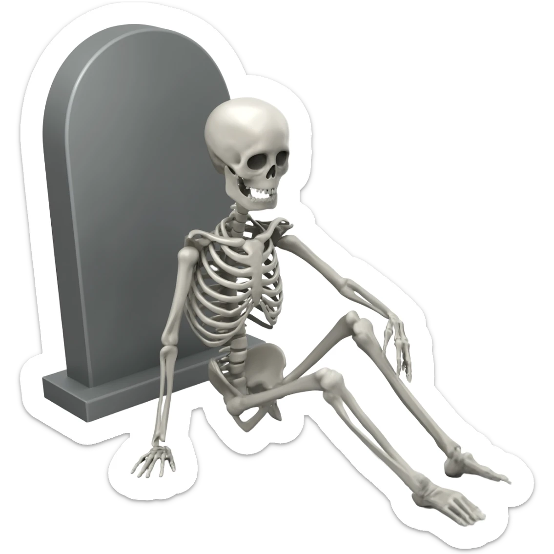 a skeleton sitting next to a grave sticker