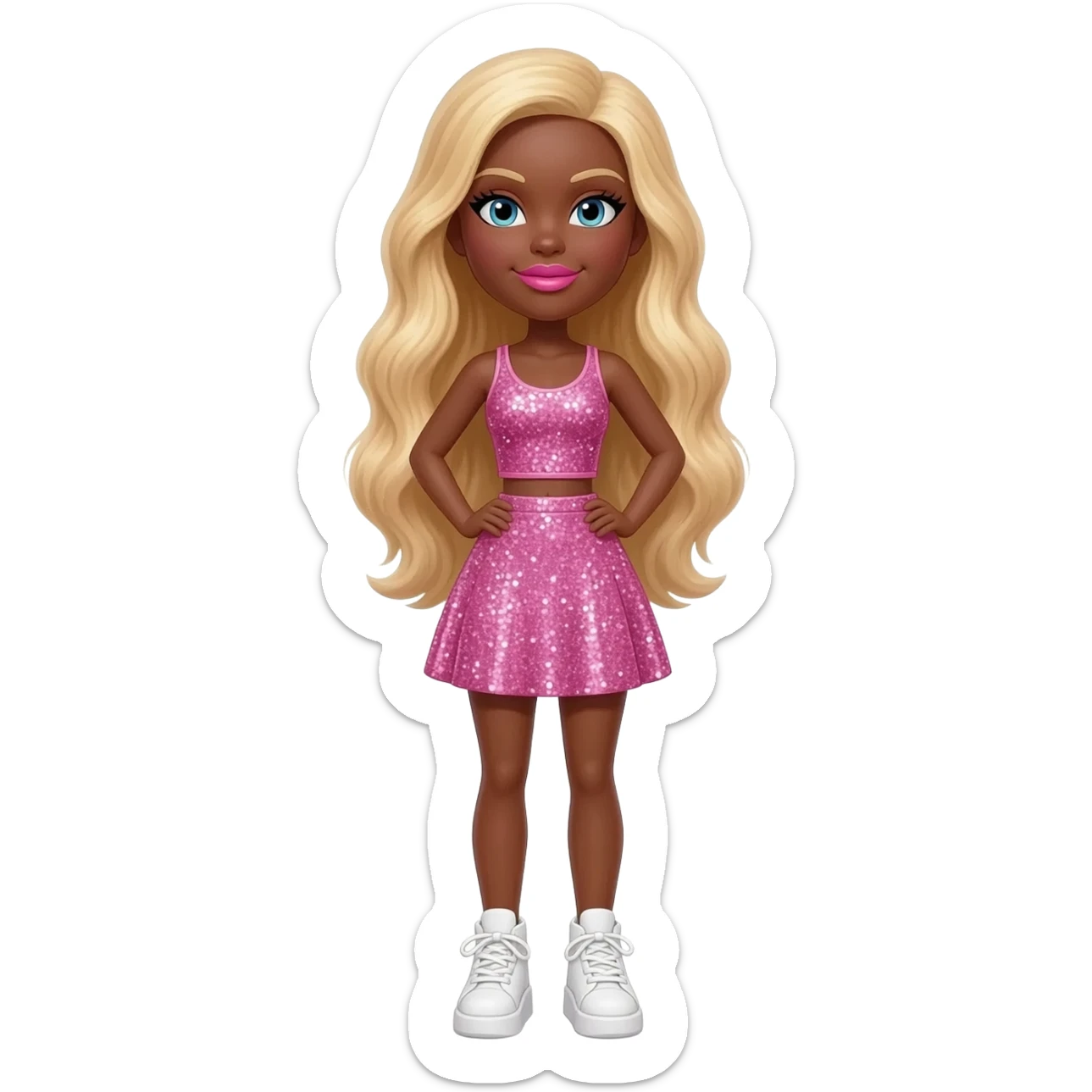 Big lips barbie doll, dark brown skin with blonde hair, bimbocore outfit sticker