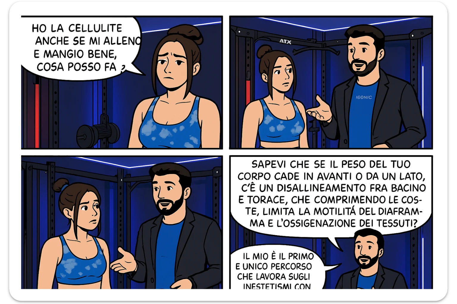 TRASFORMA QUESTO CAROSELLO IN UN FUMETTO CON QUESTE DUE PERSONE IDENTICHE CHE INTERLOQUISCONO TRA LORO:

LEI: Ho la cellulite anche se mi alleno e mangio bene, cosa posso fare?

LUI: Hai controllato il tuo baricentro corporeo?
Sapevi che se il peso del tuo corpo cade in avanti o da un lato, c’è un disallineamento fra bacino e torace, che comprimendo le coste, limita la motilità del diaframma e l’ossigenazione dei tessuti?
Il mio è il primo e unico percorso che lavora sugli inestetismi con un lavoro mirato sul baricentro corporeo. sticker