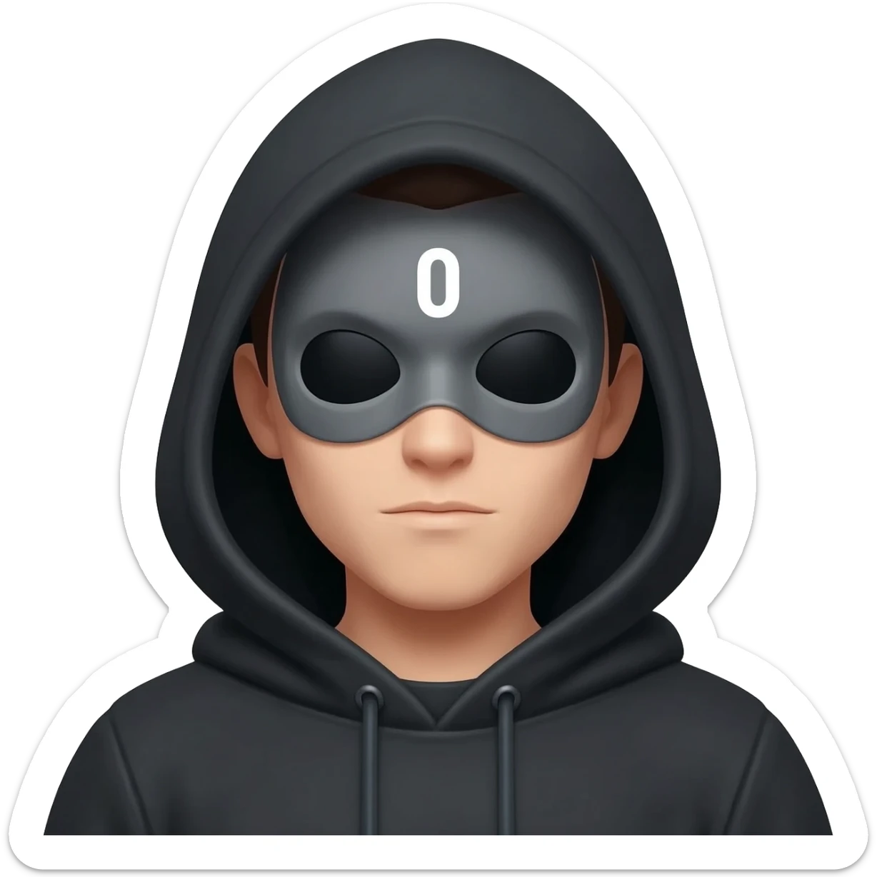 Binary system and "hacker" look, wearing a hoodie with the hood on, hide the hair under the hood,  the skin colorless for racial reasons, the hoodie is natural and black. Make it oriented around the number 0. sticker