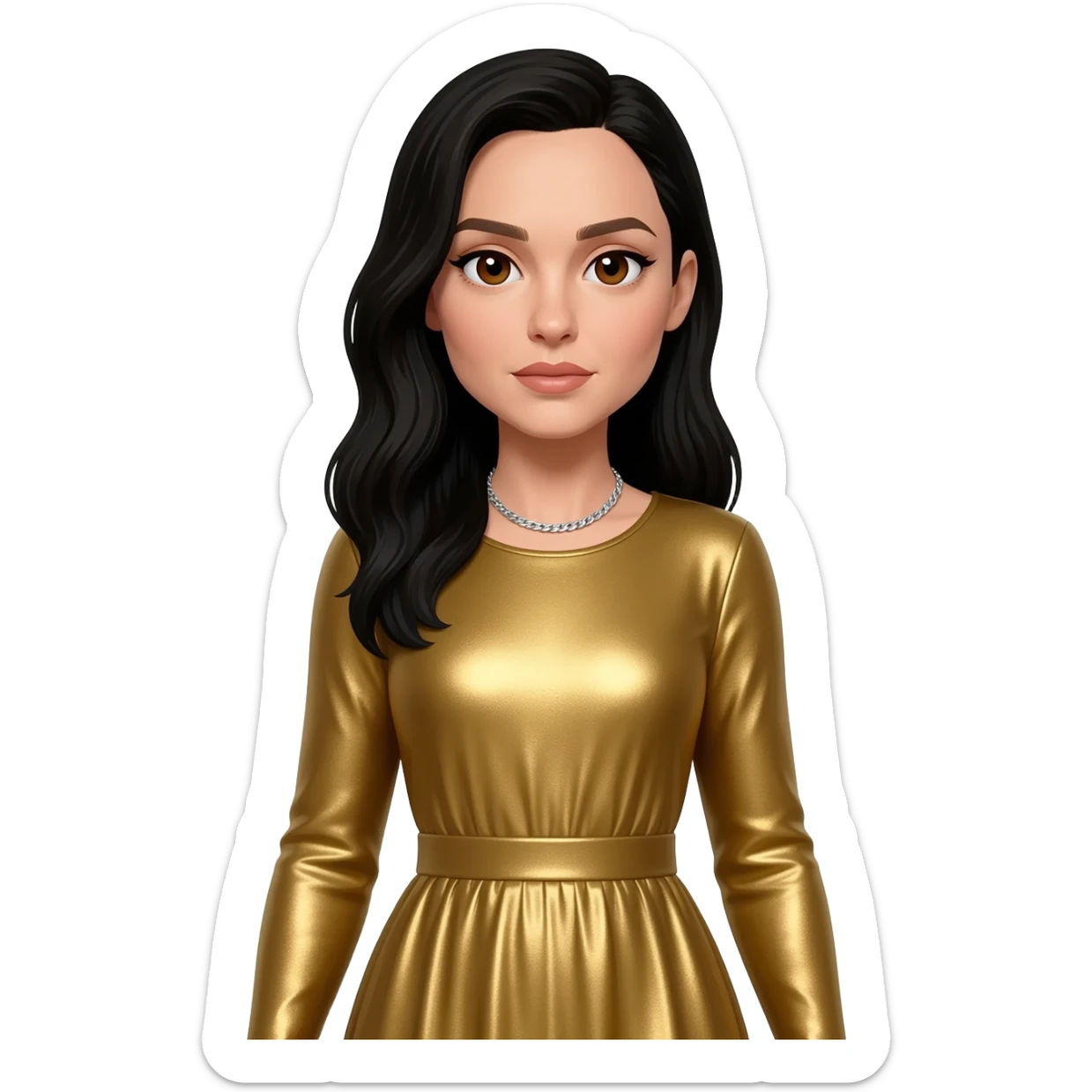 Gal Gadot with brown eyes, black long hair, gold metallic long sleeve dress, silver necklace sticker