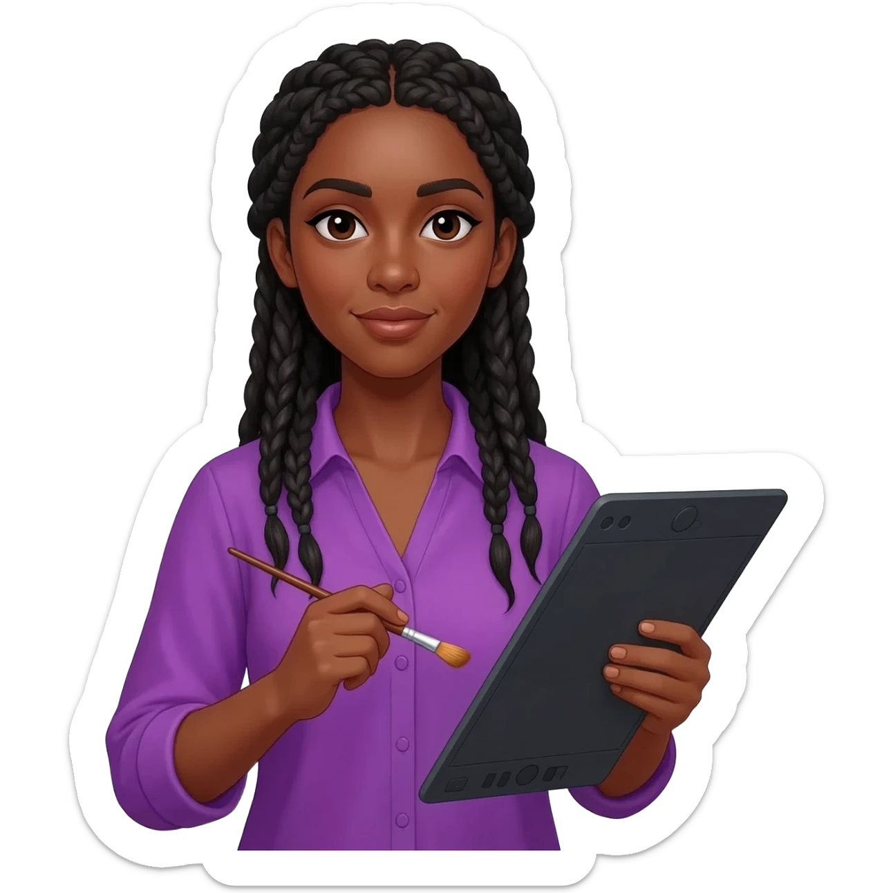 Emoji représentant une femme à la peau marron avec de longues braids noires et portant une belle chemise violette, tenant une tablette graphique dans une main et un pinceau dans l’autre sticker