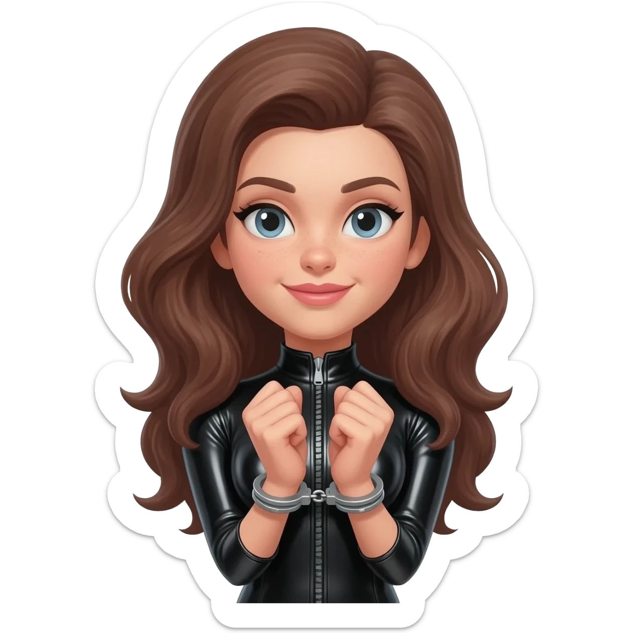 Woman dressed in black PVC handcuffed sticker