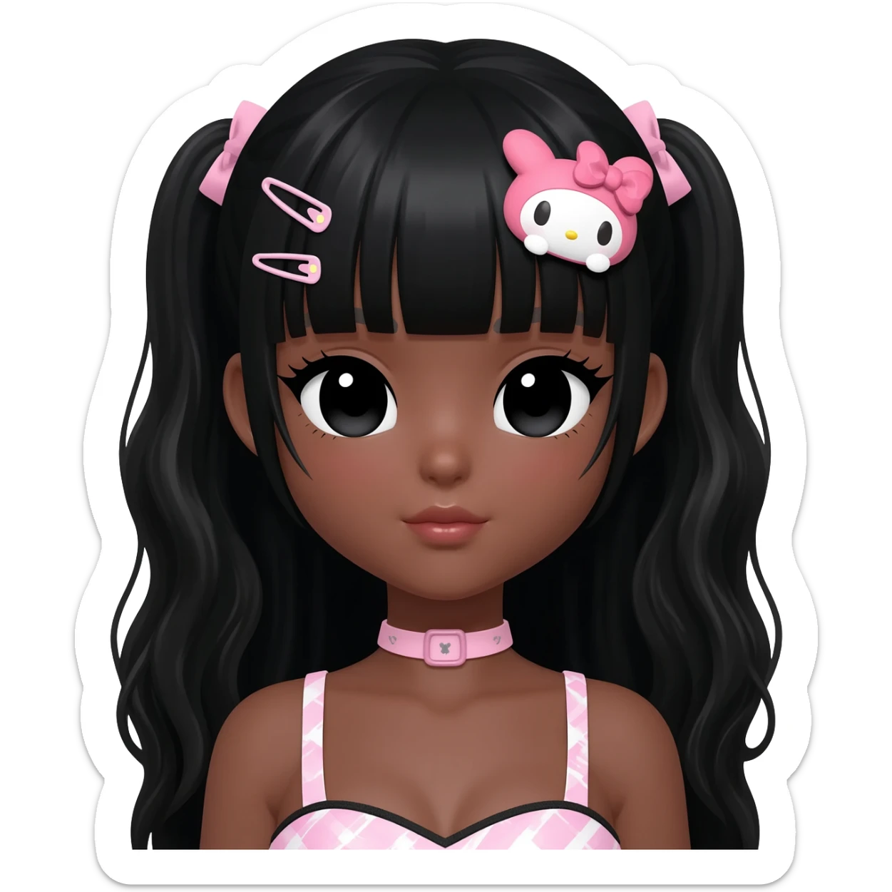 himegyaru, my melody hairclip, cutecore, doll eyes, Doll, big chest, dark brown skin, with middle part wavy long black hair,  black cute eyes, cute lips with Gyaru outfit sticker