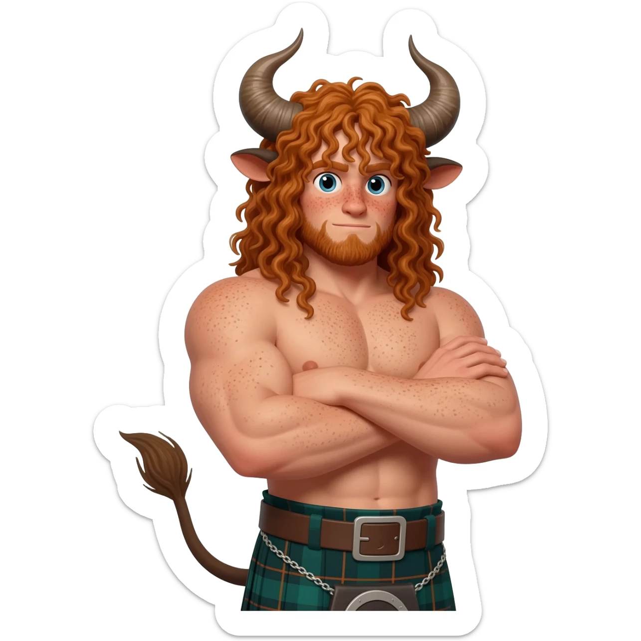 ginger curly buff hairy man with freckles with with messy extra long bangs covering the eyes like scottish bull with bull horns and bull ears and bull tail dressed in kilt posing with his arms crossed sticker