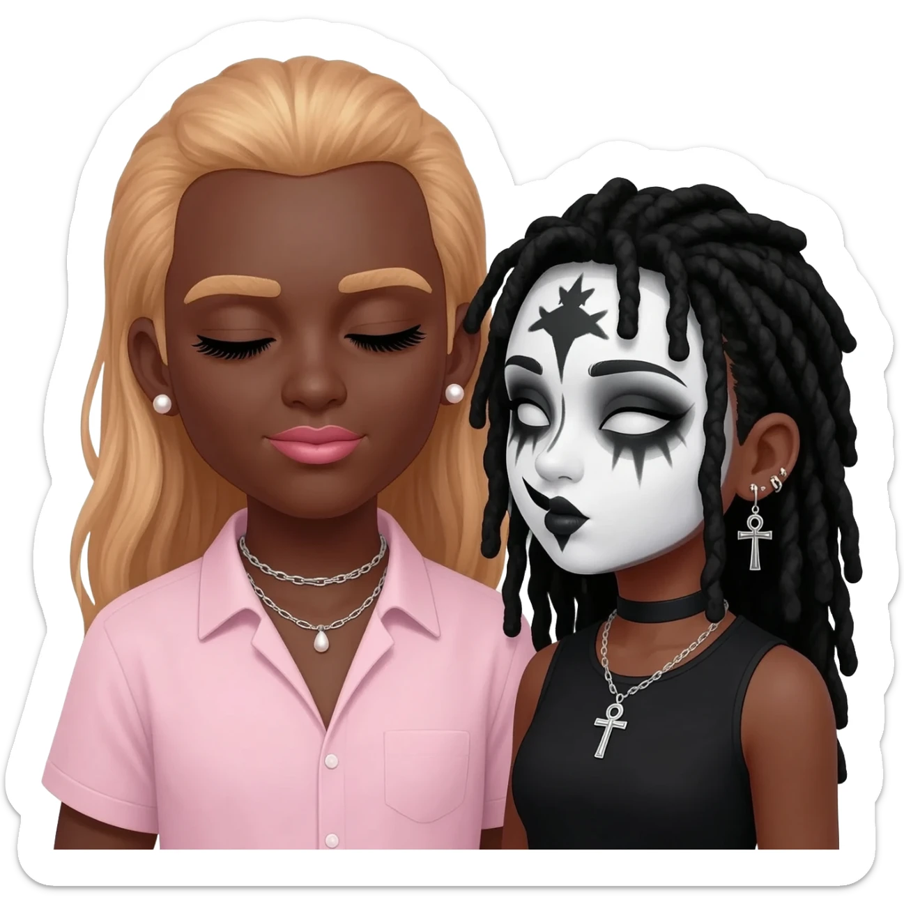 (Bimbo, pearl earrings stud, Light pink cute lips, long middle part with long light ginger hair, dark brown skin, playboy necklace with lashes, light pink shirt, kissing the goth black girl with brown skin, cross earrings, ankh necklace with black dreadlocks with white paint on face sticker