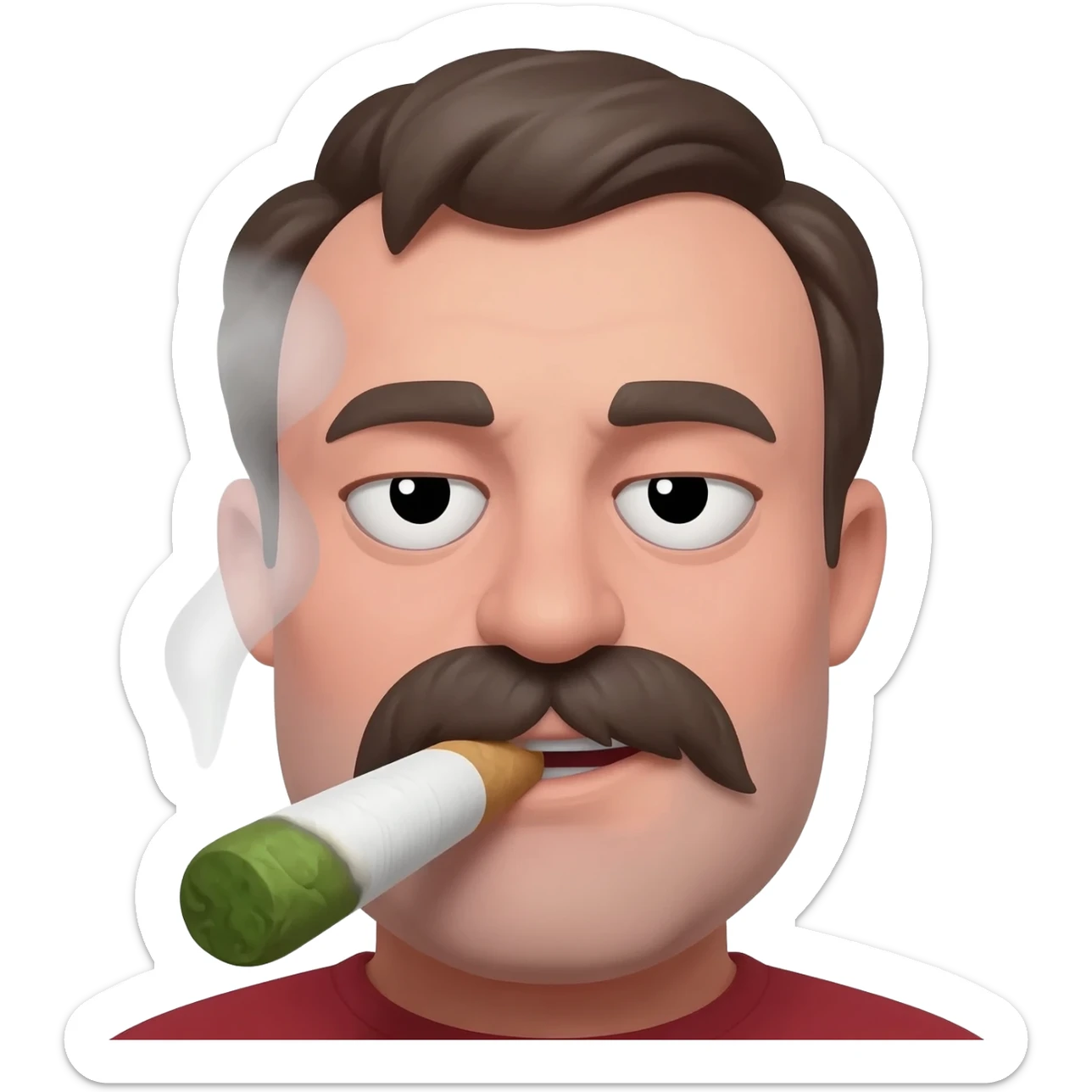 Chubby goofy looking middle aged  white guy with dark brown, but graying hair and bloodshot eyes, Smoking A SUPER HUGE white and green smoking doobie with hot ash and smoke rising off of it sticker