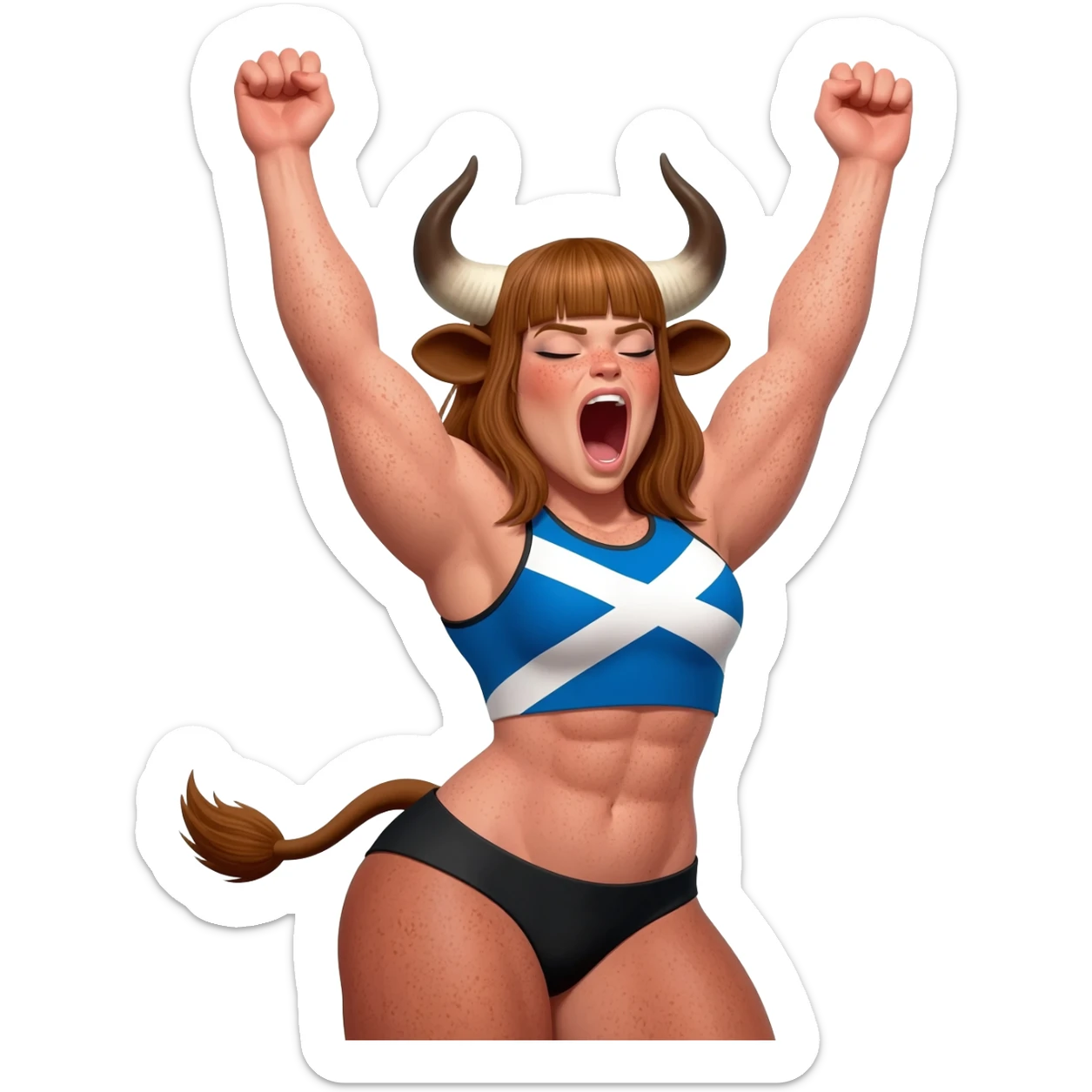 muscular hairy buff curly woman with frecles with light brown messy hair with straight bangs with brown cow tail with fat thights with cow horns and cow brown ears with extra large breasts dressed in crop top with scottish flag stretches her arms up and yawns eyes closed squints her eyes sticker