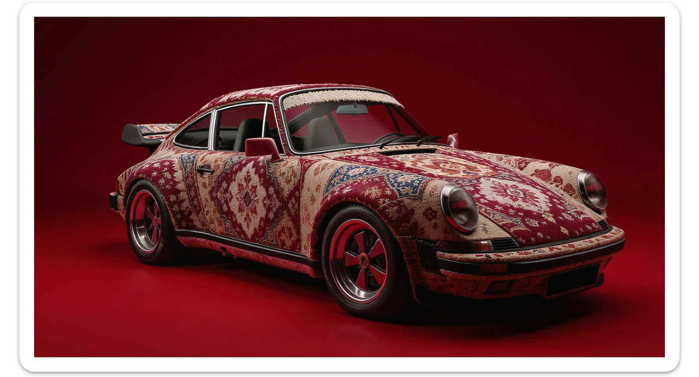 Closeup shot of a porsche 911, body of car made of russian carpet with patterns, red solid studio background,top low key light, dutch angle, haze, captured by ARRI 65 sticker