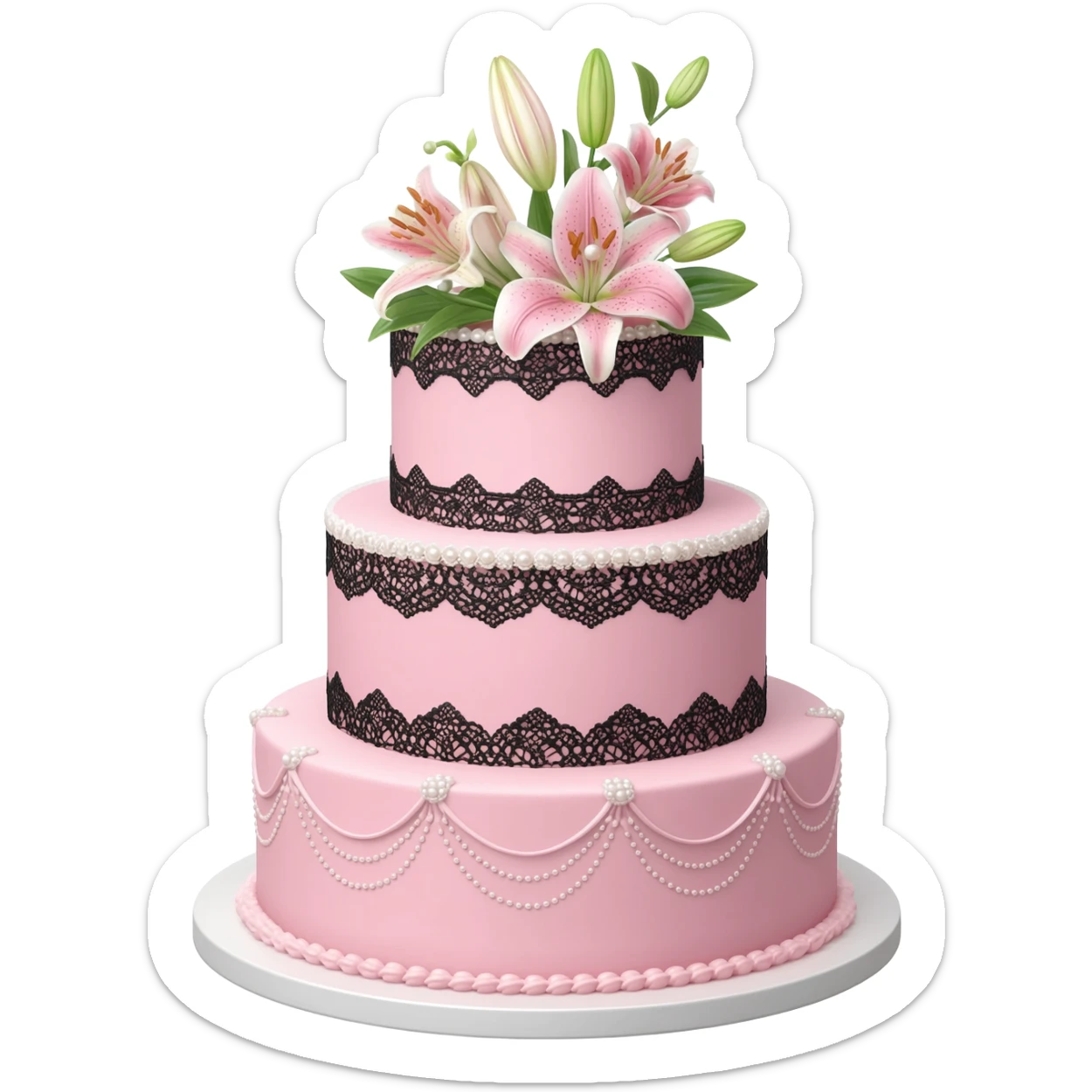 Pastel pink wedding cake with and with black and white lace, pearls and lilies on top sticker