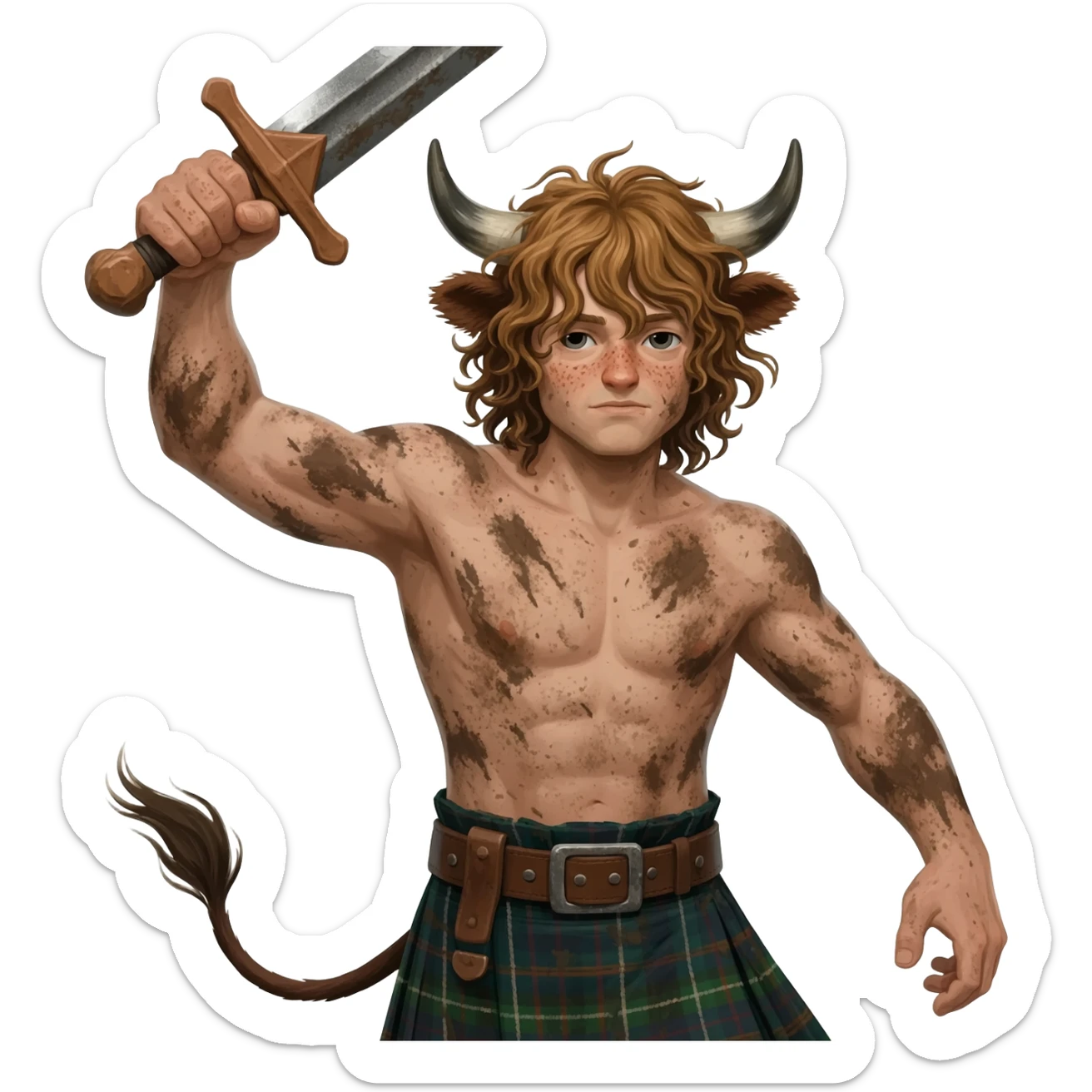 buff curly hairy man covered in dirt with freckles with messy light brown bangs that covers his face completely with bull horns and bull ears and bull tail dressed in kilt rising claymore with wind in his hair with belt around his chest sticker