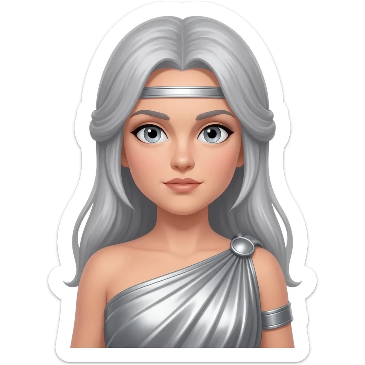 Diana from Roman Mythology with grey eyes, long silver hair, silver metallic peplos sticker