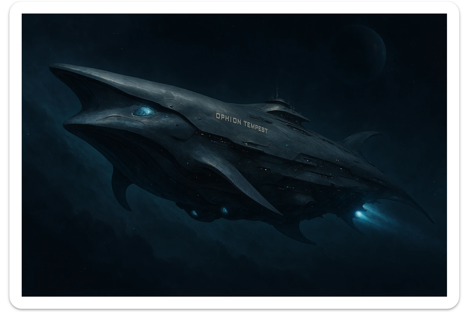 capital class space cruiser supercarrier of Zrian [human] origins, named the "Ophion Tempest"
The ship has a sleek design, mimicking a prehistoric sea-mammal or Cetacea  sticker